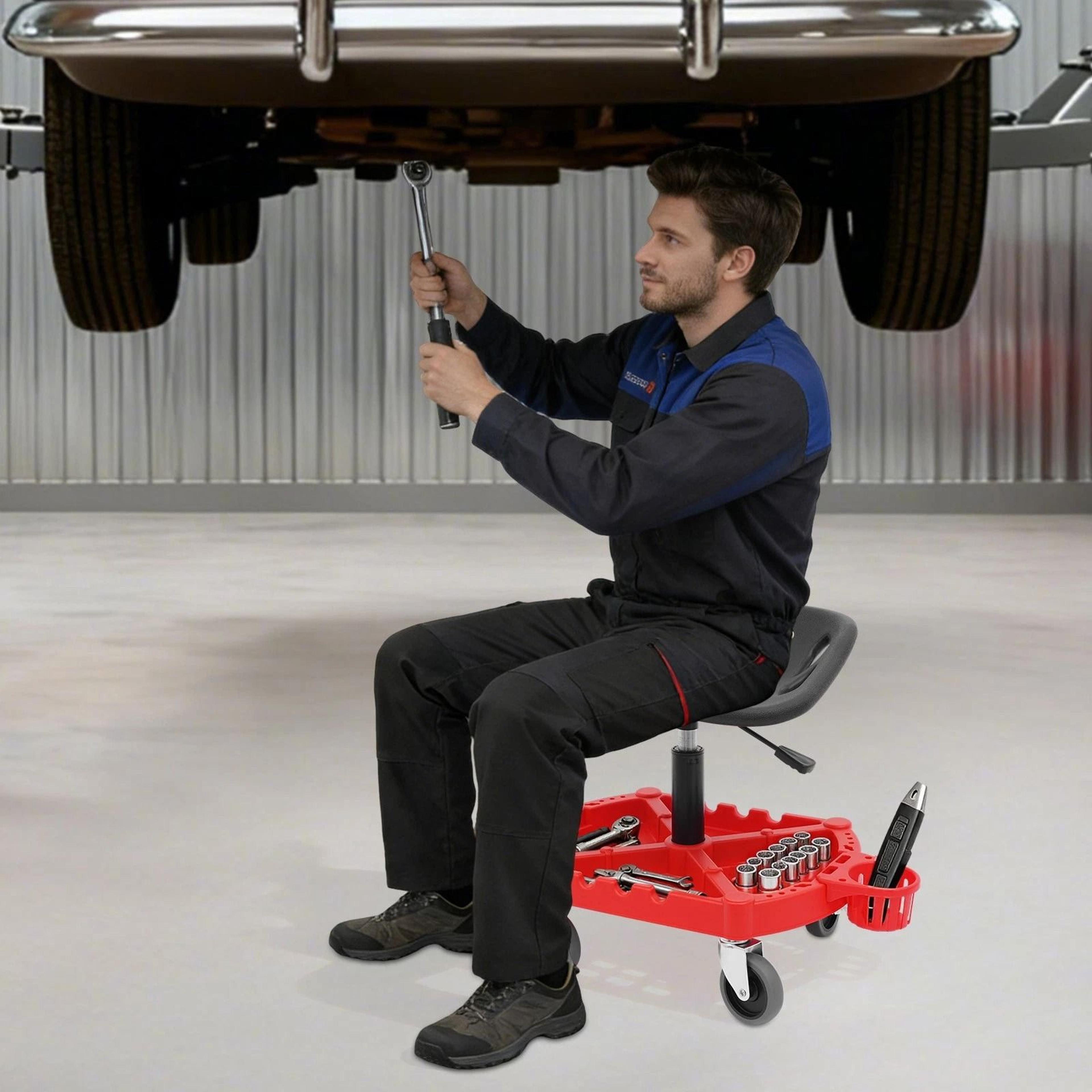 heavy duty rolling shop stool adjustable garage work seat with swivel casters & tool tray
