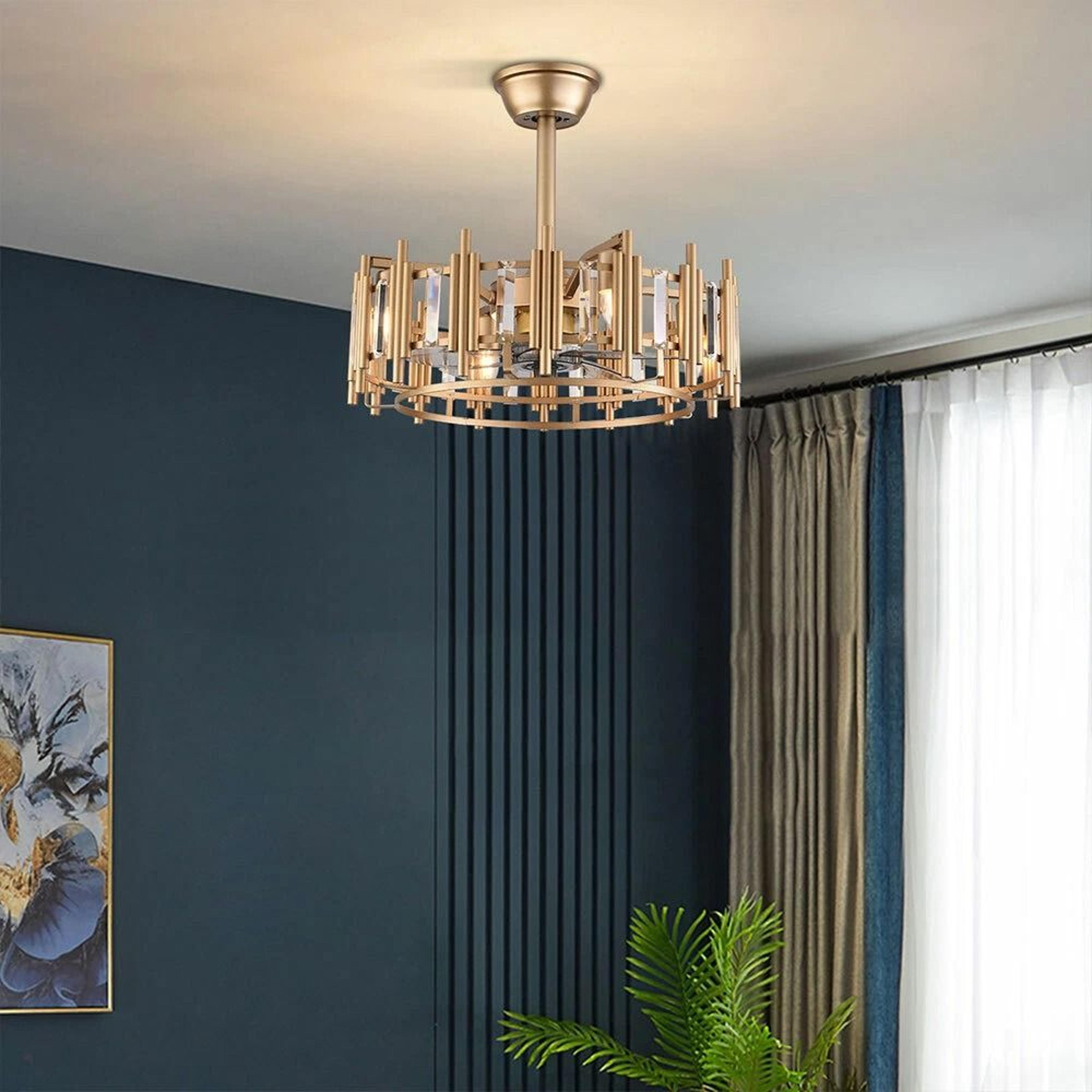 elegant led fan & gold chandelier ceiling light with remote semi flush mount fixture