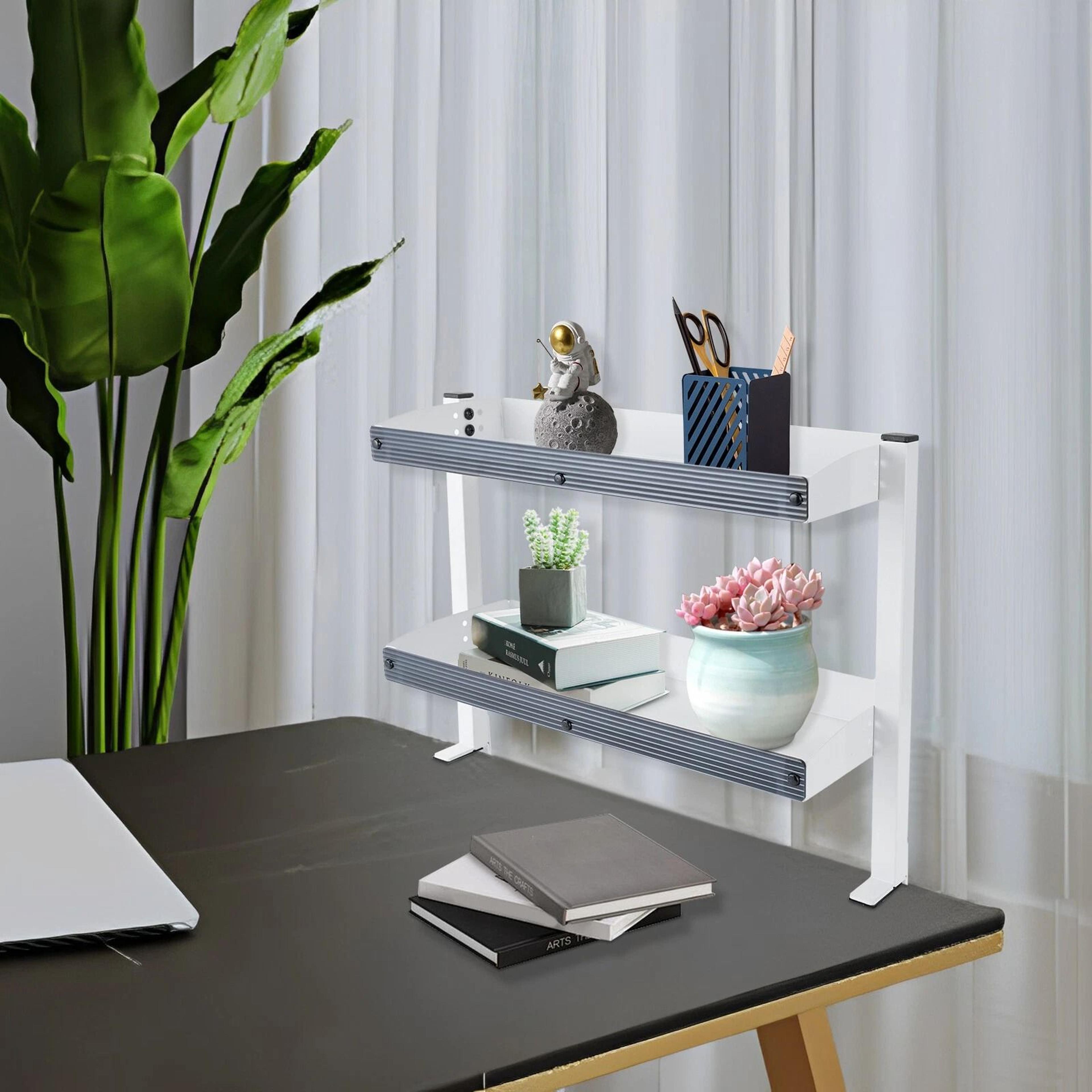 adjustable desk shelf organizer 2 tier clamp on white space saving storage