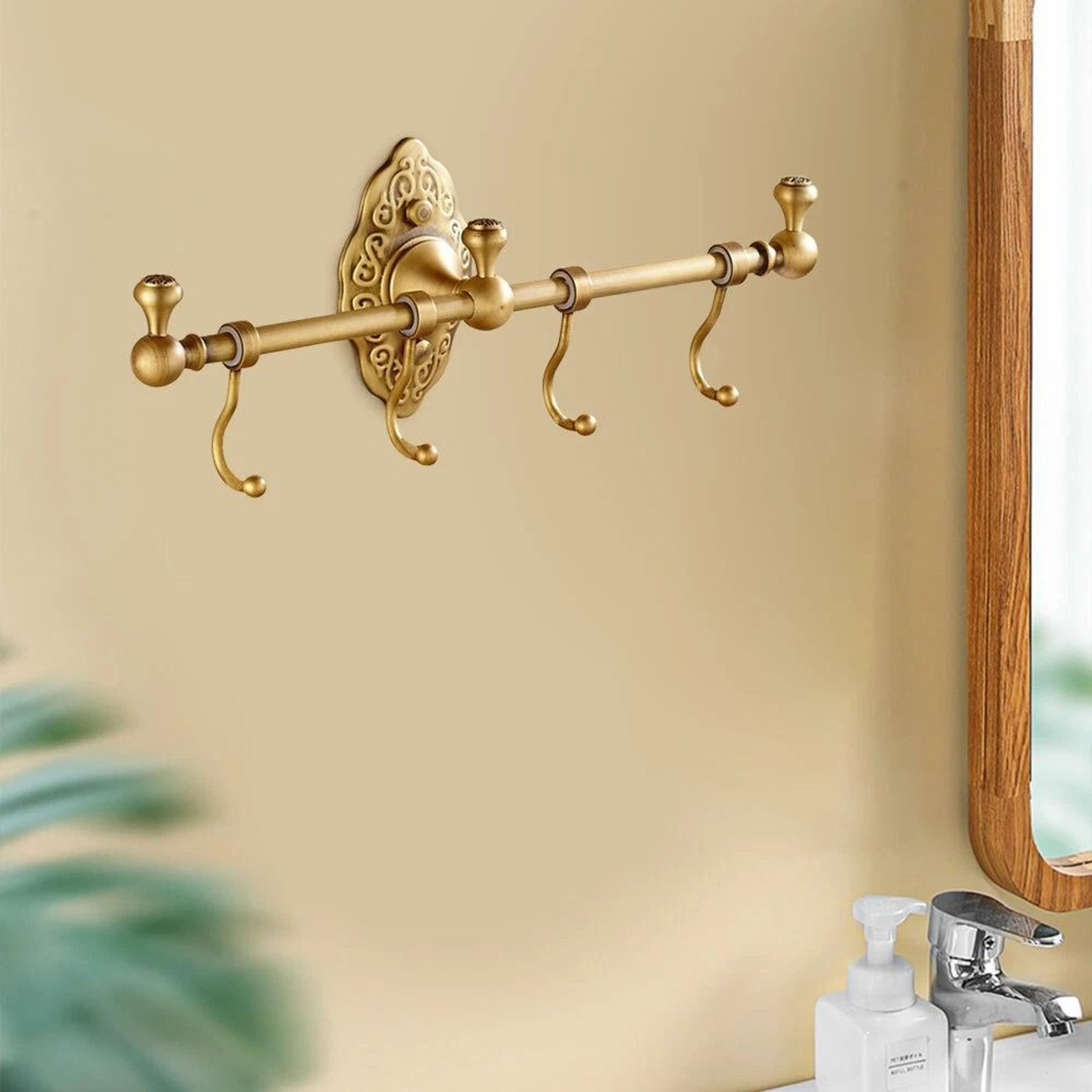 elegant vintage brass wall mounted towel shelf & towel bar rack with hooks