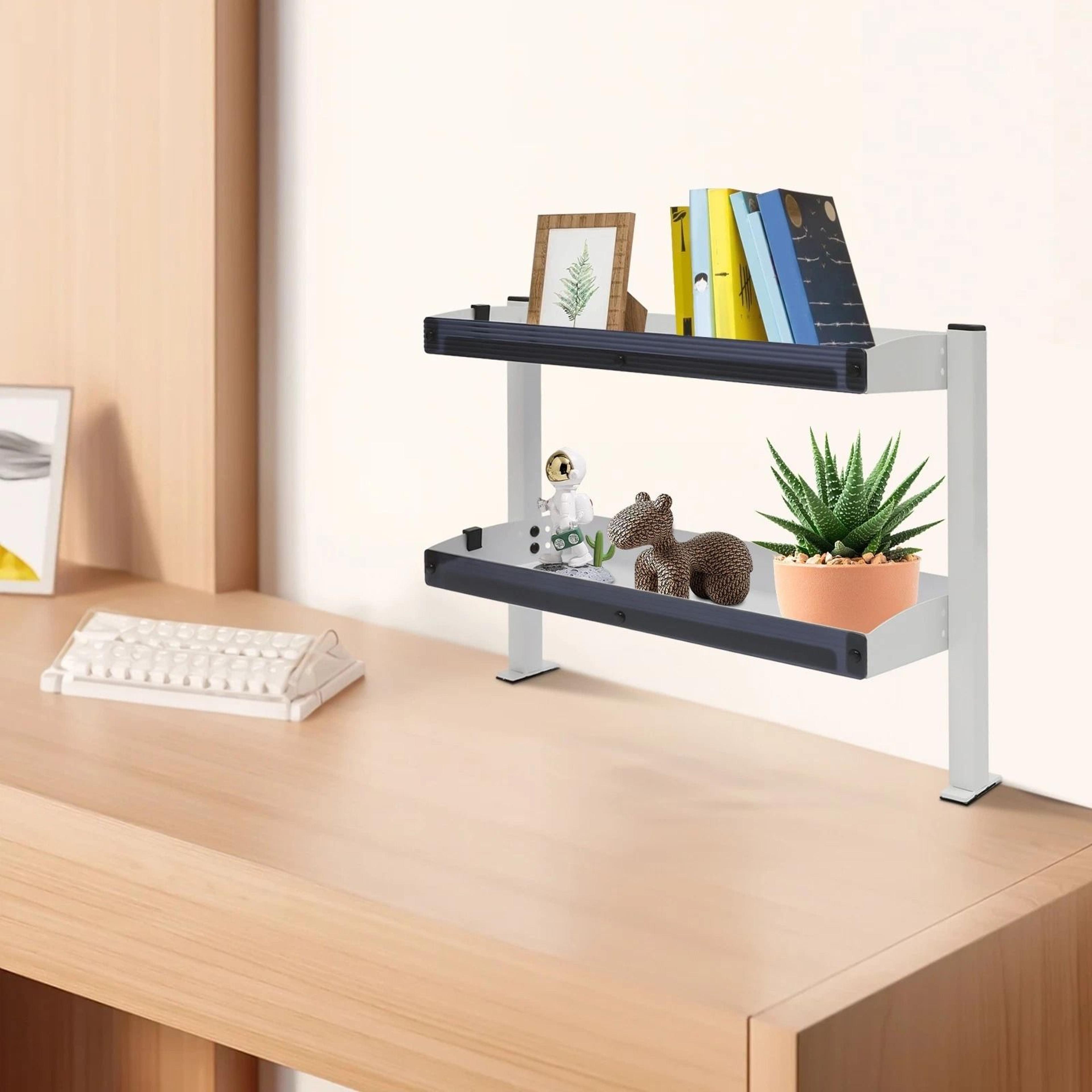 modern clamp on desk shelf with 2 tier organizer and adjustable storage tray