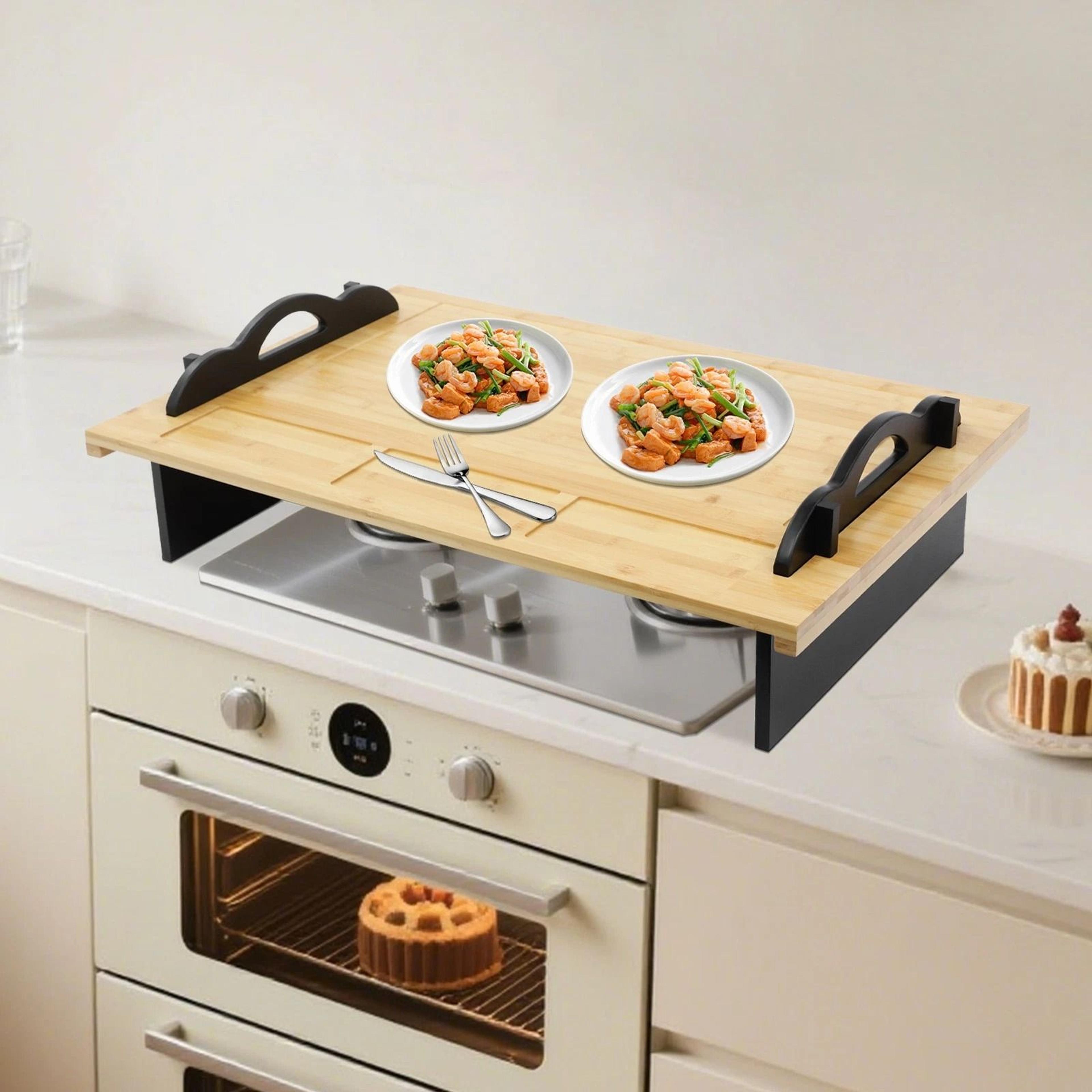 bamboo stove top cover board with handles for gas and electric stoves