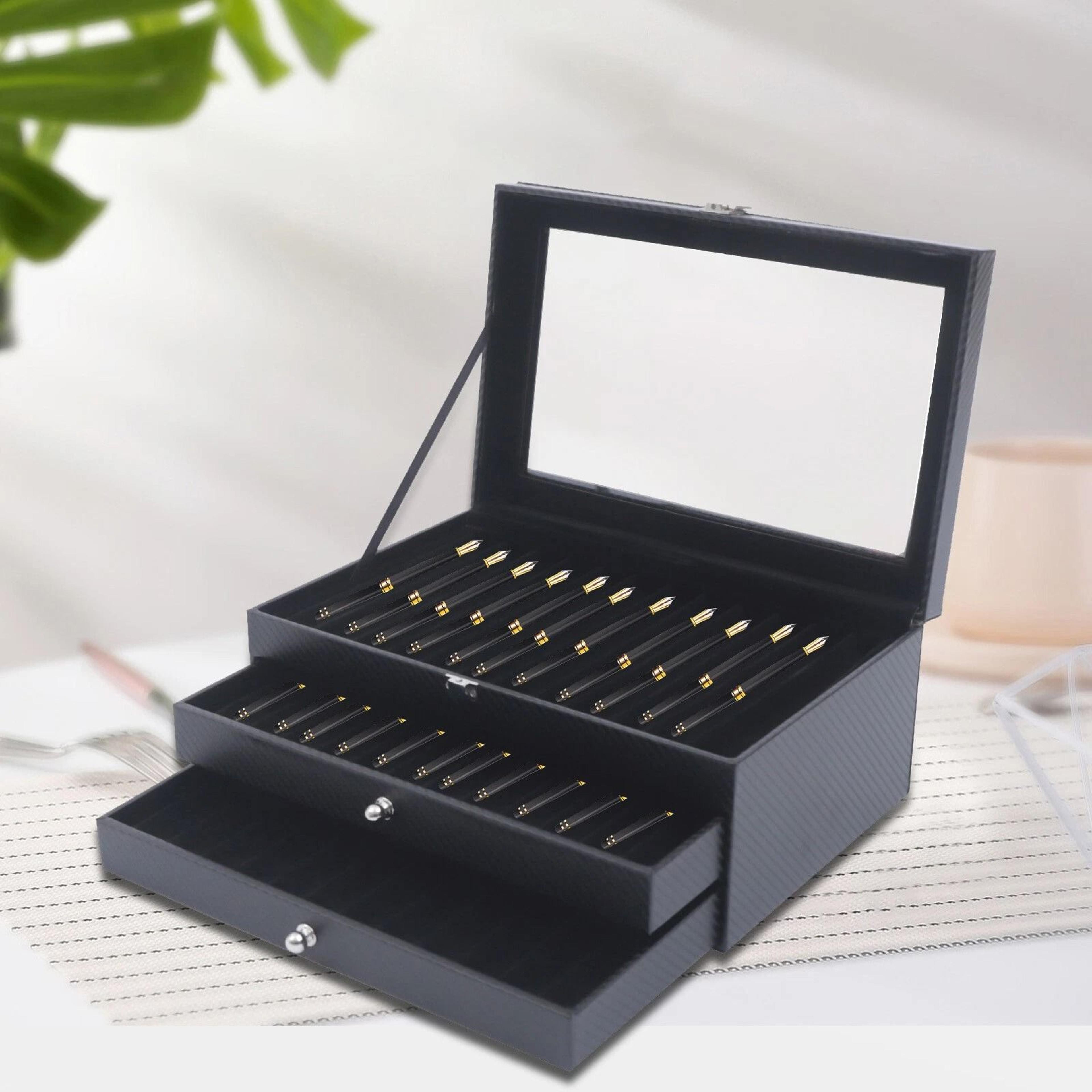 36 slot leather pen display box with glass top fountain pen storage case