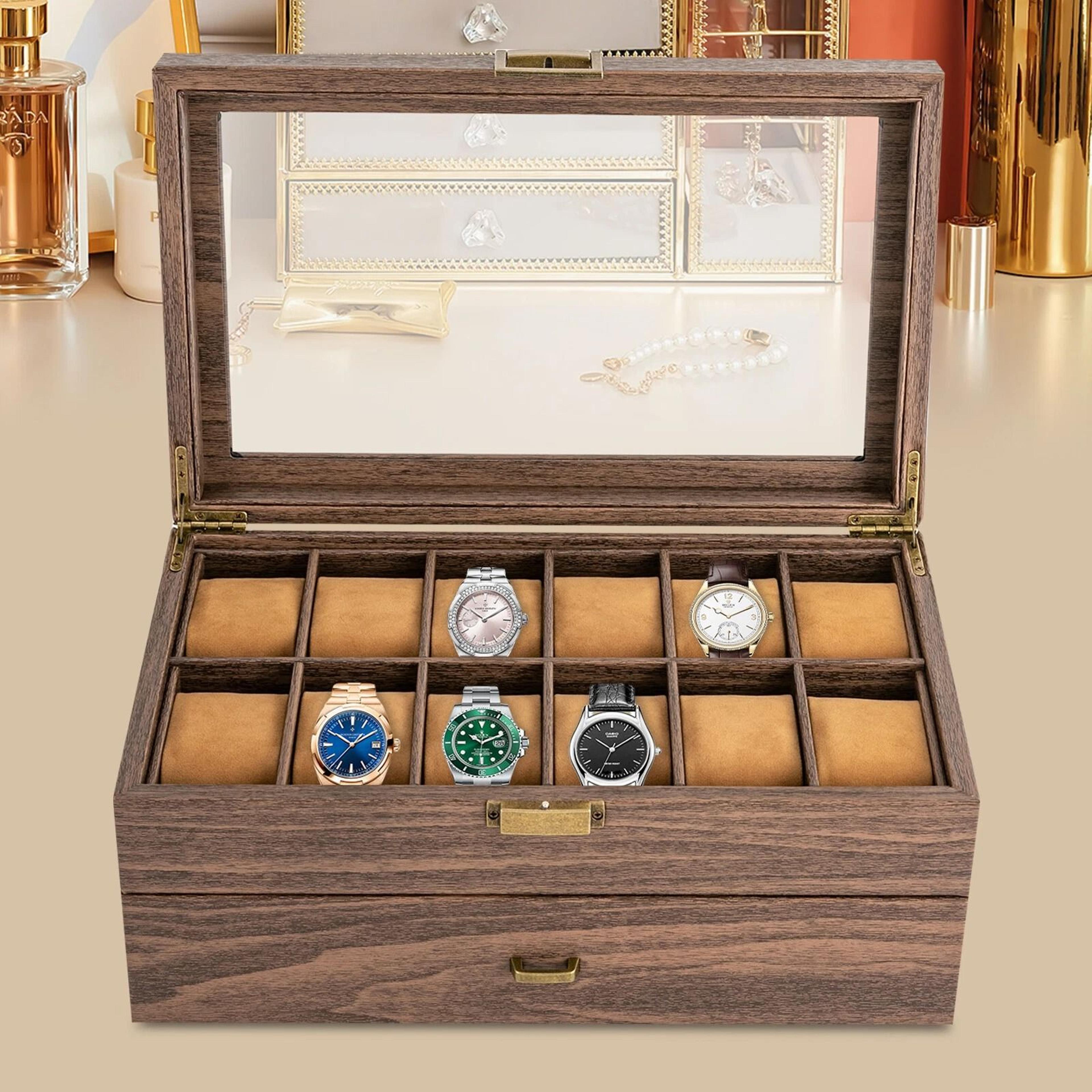 24 slot watch box with drawer, watch display case and men jewelry holder