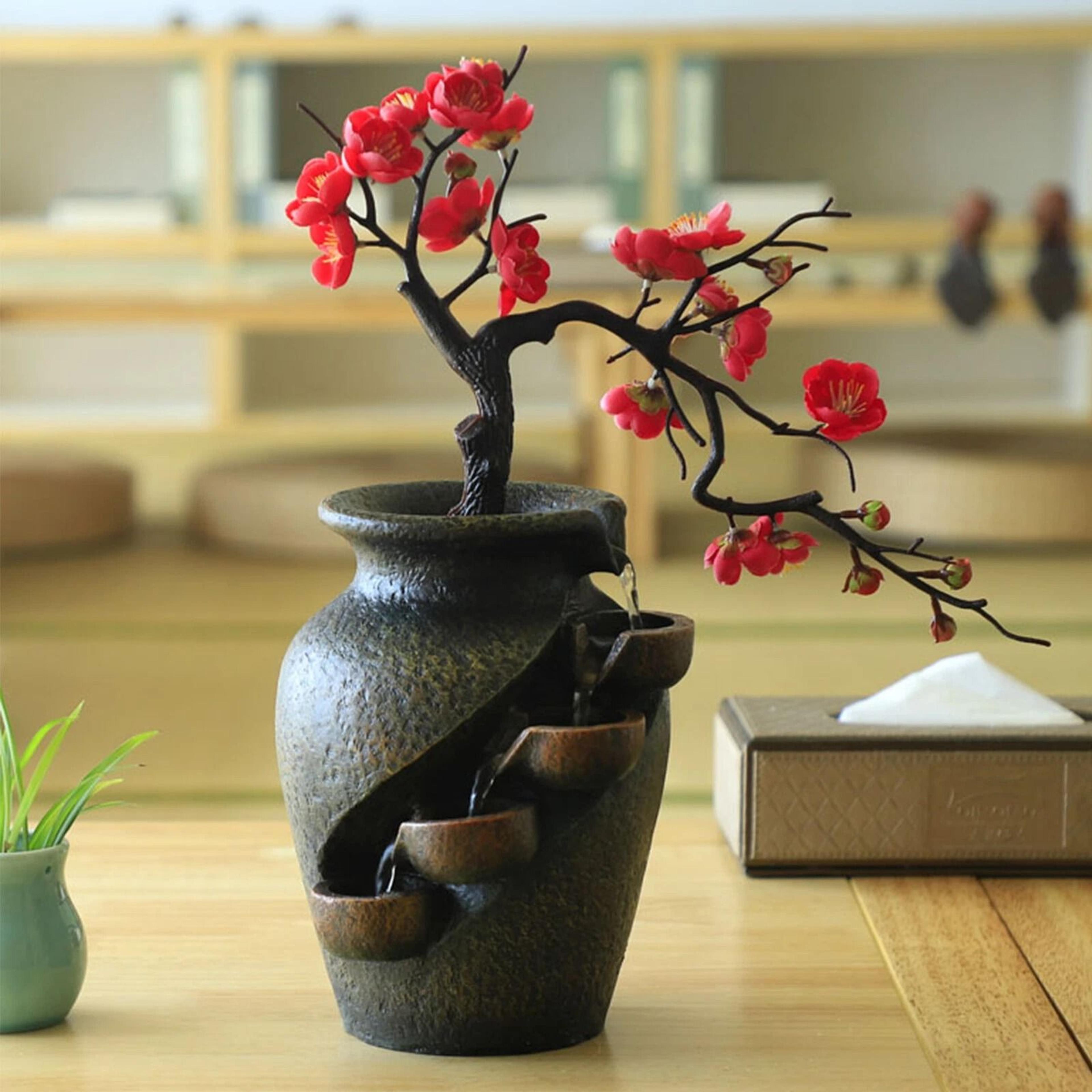 indoor feng shui water fountain & flower vase tabletop decor