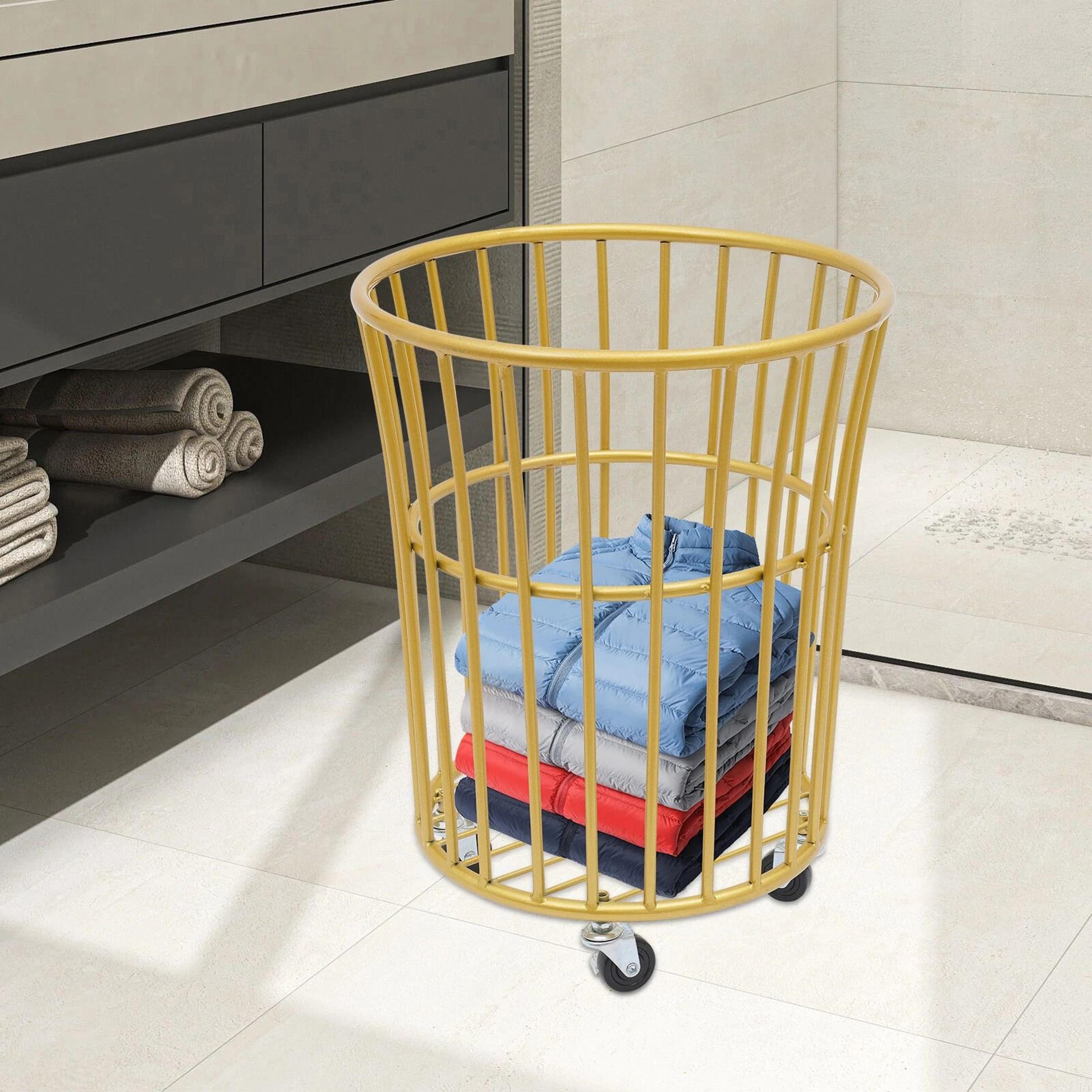 gold metal laundry basket storage cart with wheels deep wire mesh rolling organizer