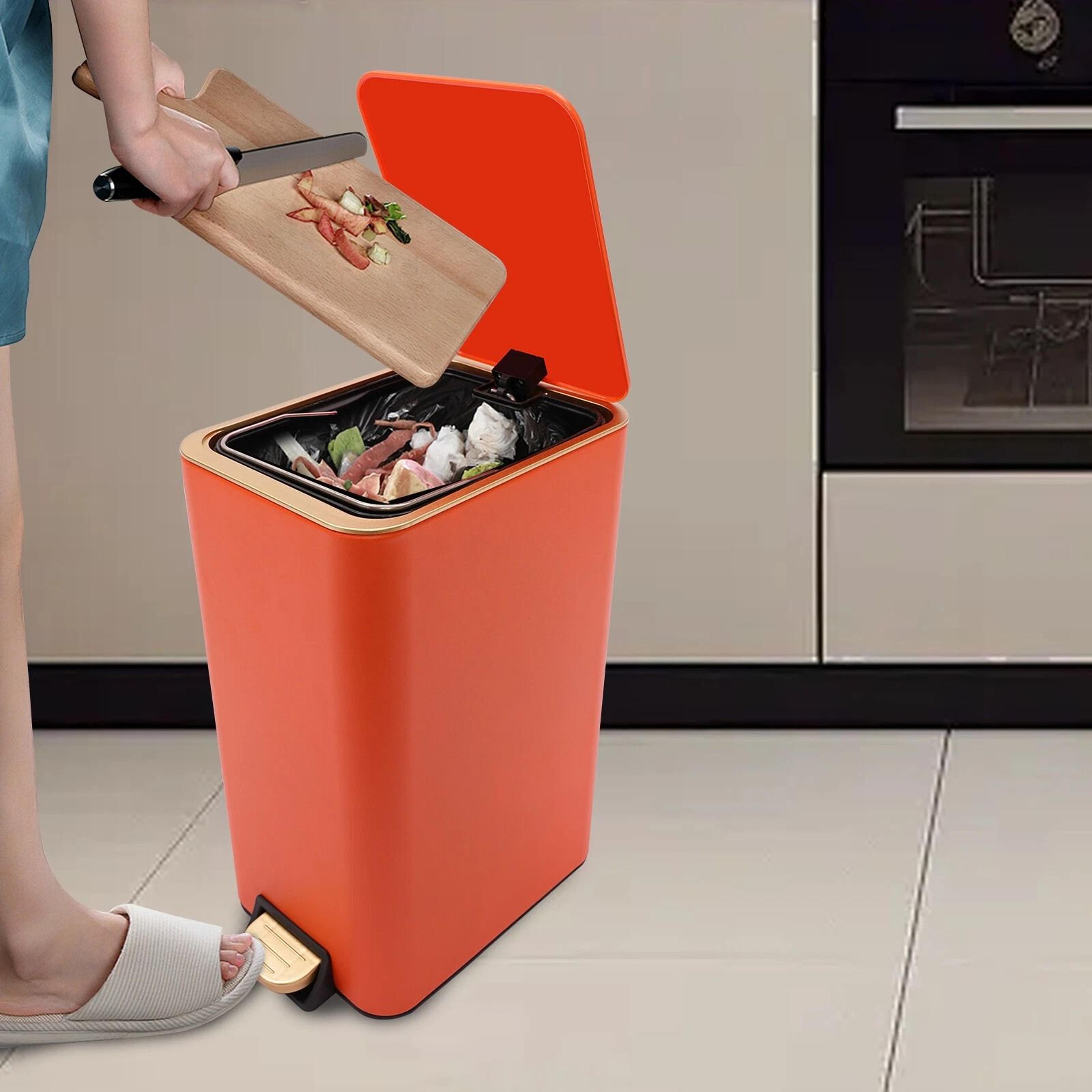 premium hands free foot pedal trash can modern rectangular step on garbage bin in orange