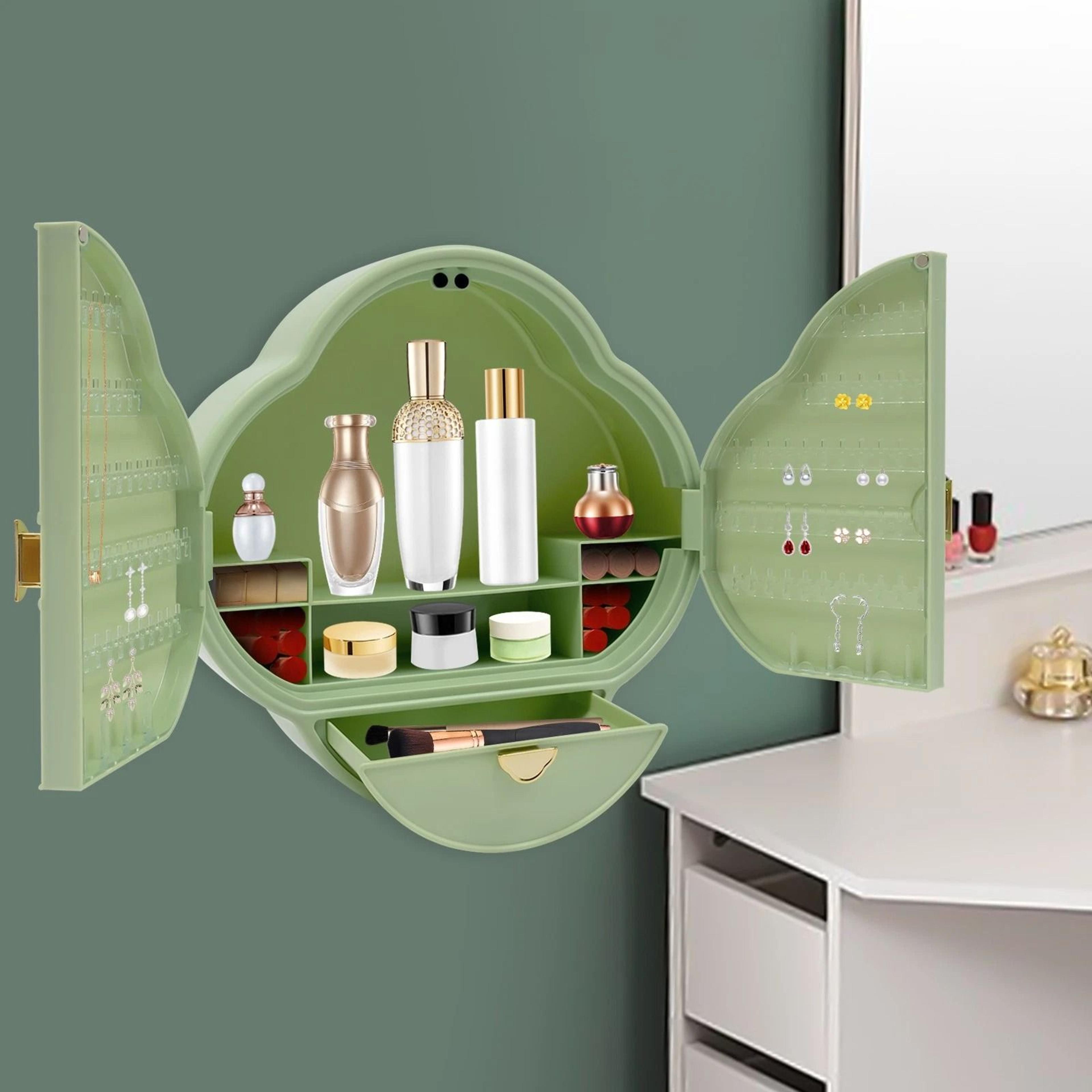 premium wall mounted bathroom organizer & cosmetic storage with jewelry rack elegant space saving solution