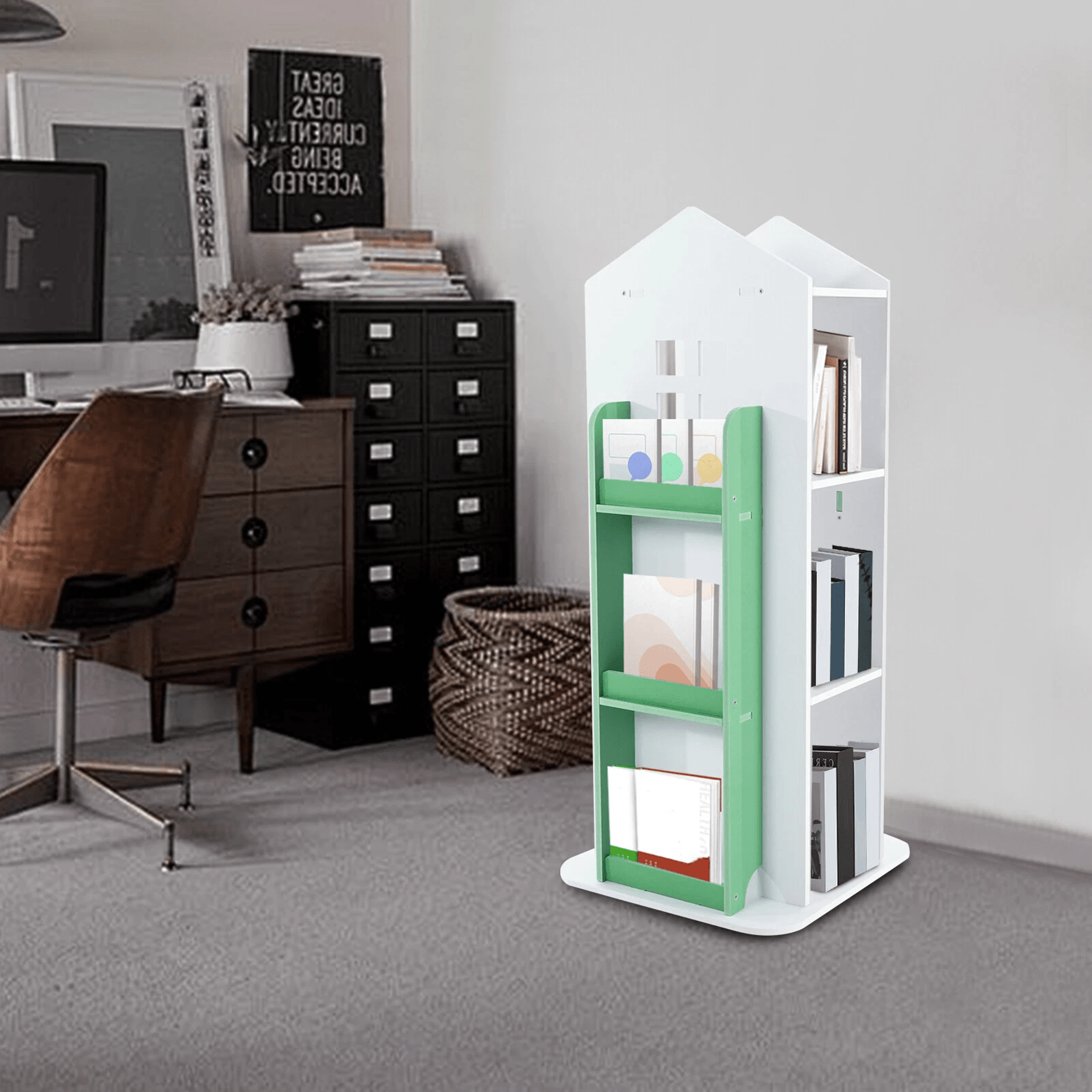 rotating bookshelf 4 tier freestanding display rack for small spaces