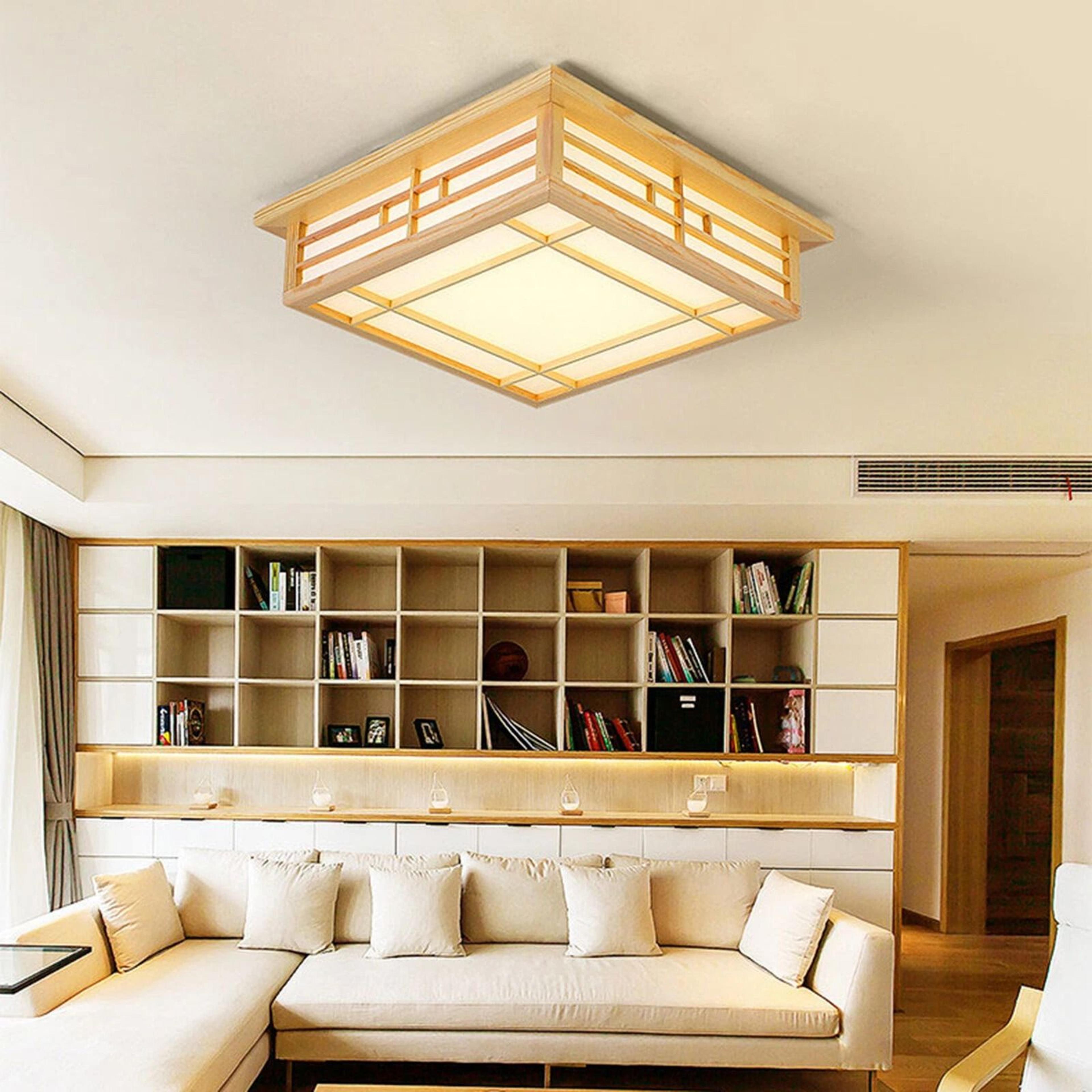 japanese ceiling light wood square tatami led fixture with remote