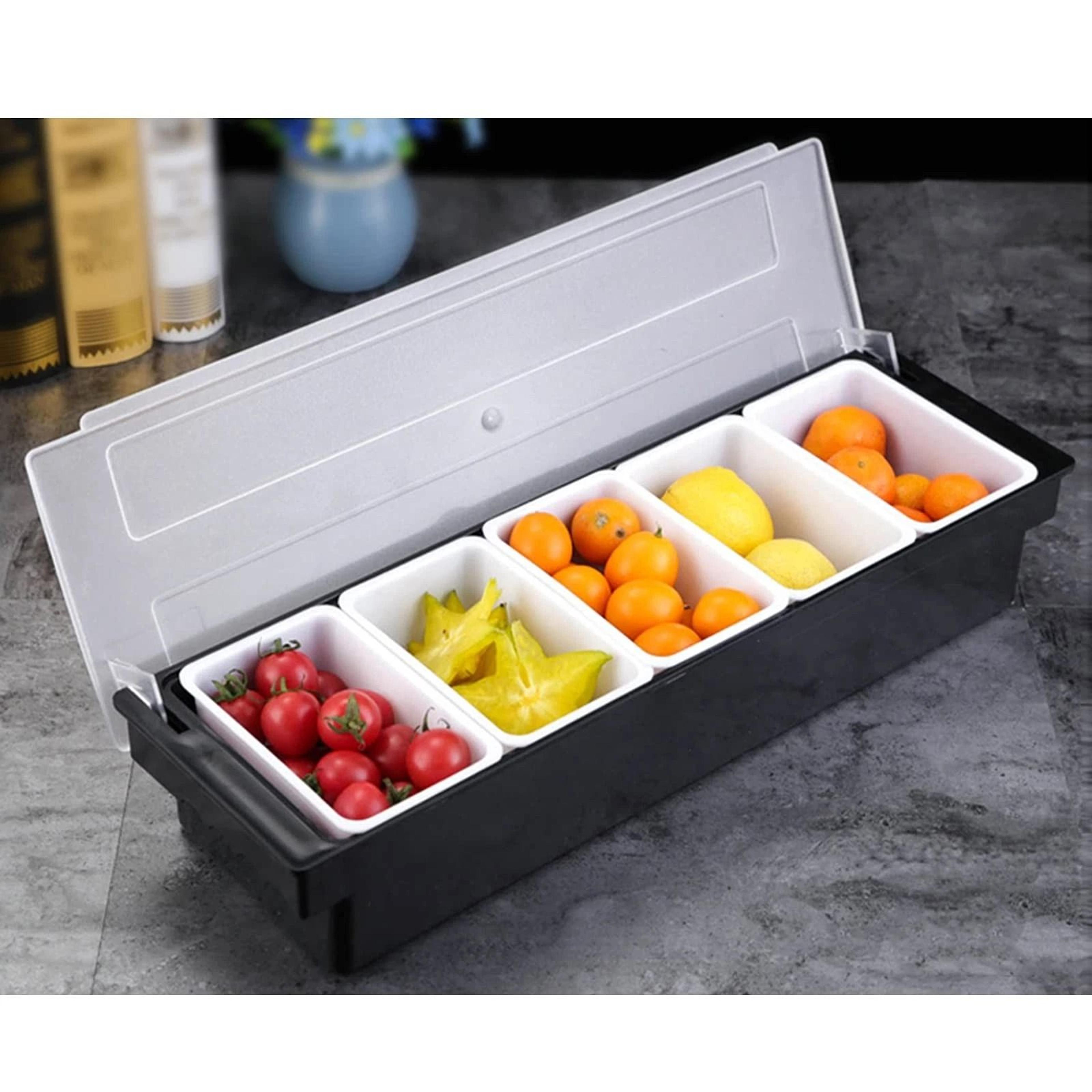 3 4 5 compartment fruit caddy and condiment dispenser with lid for bar toppings