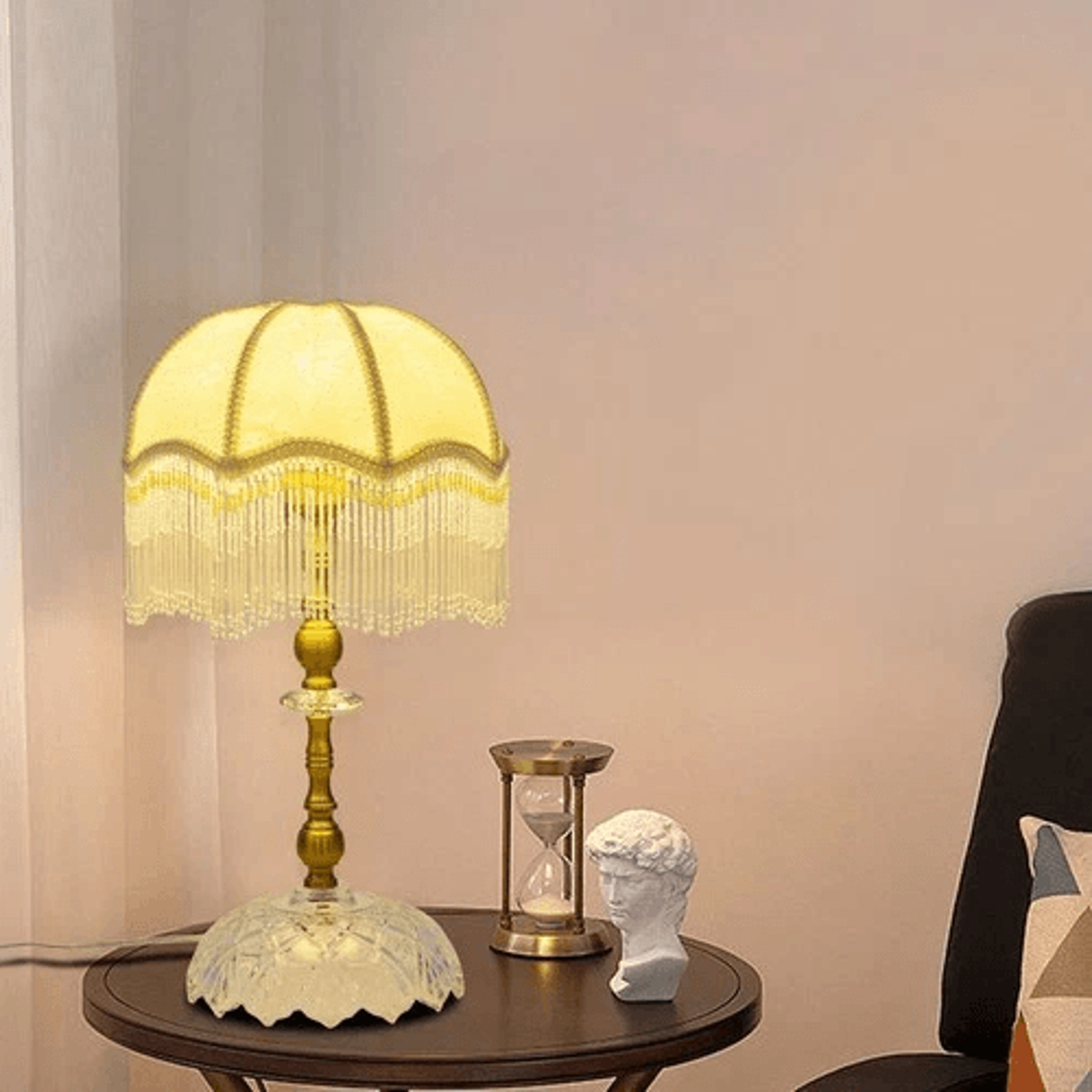 vintage gold metal table lamp with fabric shade for bedroom or living room