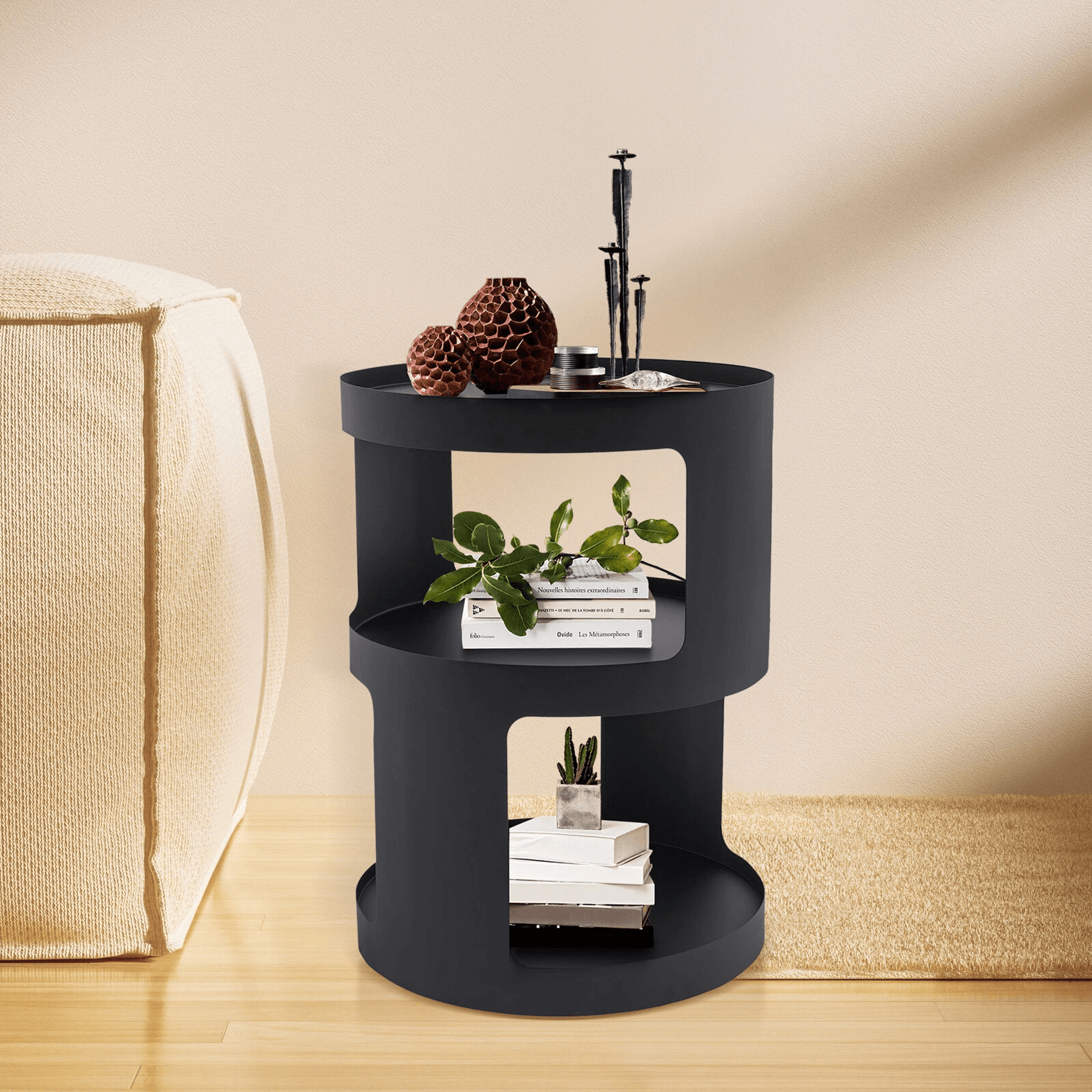 modern 2 tier round side table black nightstand for sofa and bedroom storage