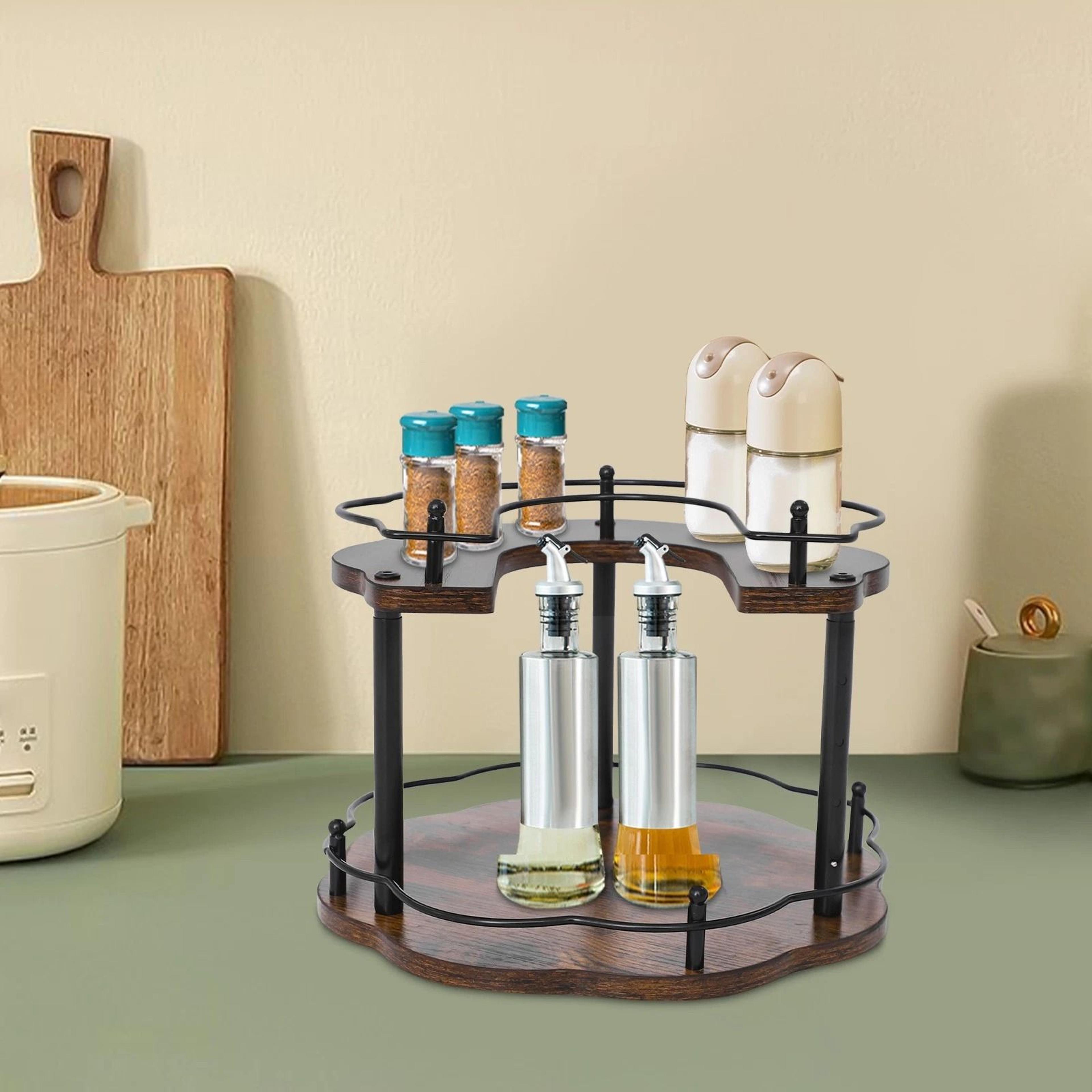 height adjustable spice organizer rack with rotating cabinet storage