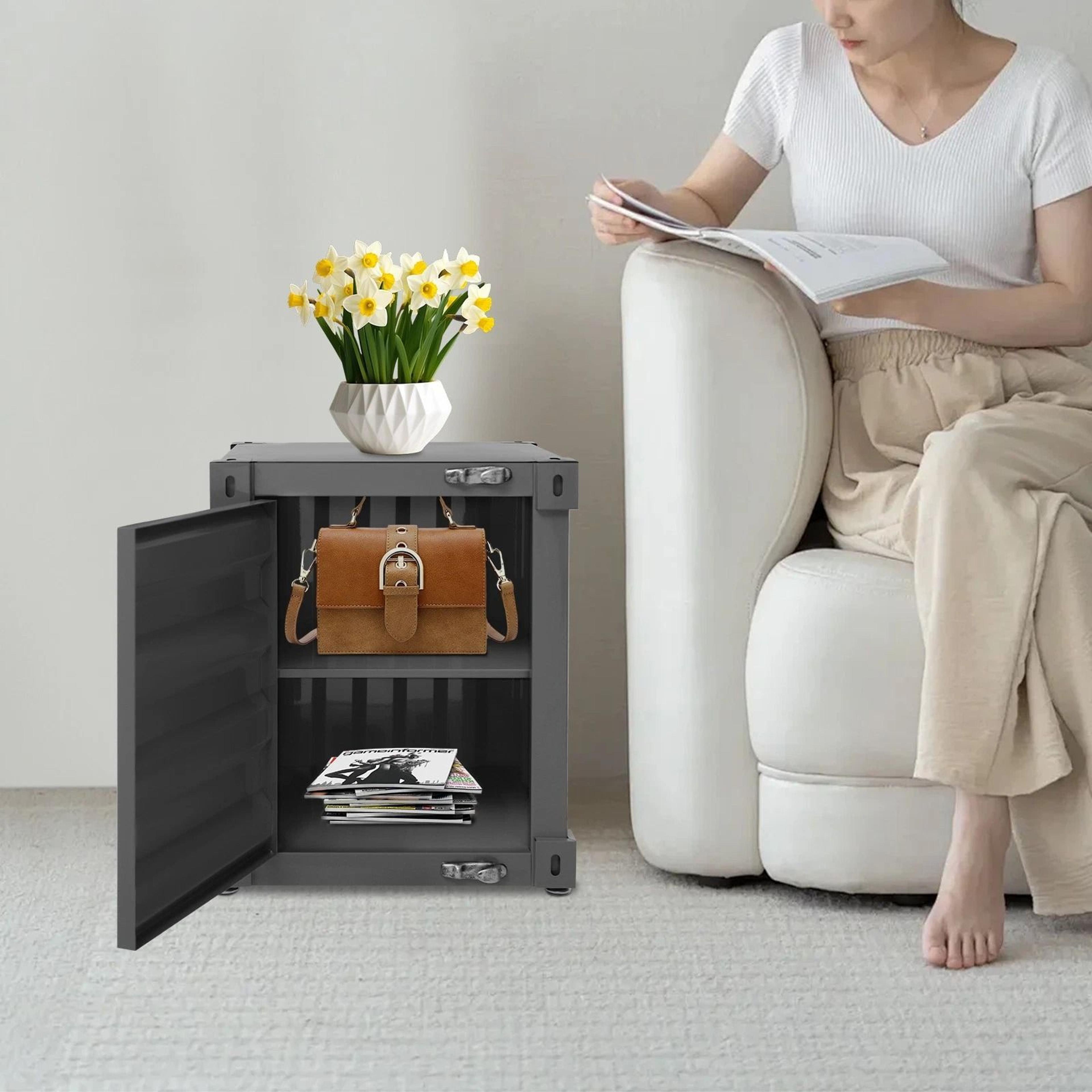modern industrial floorstanding side table & iron bedside table with storage cabinet