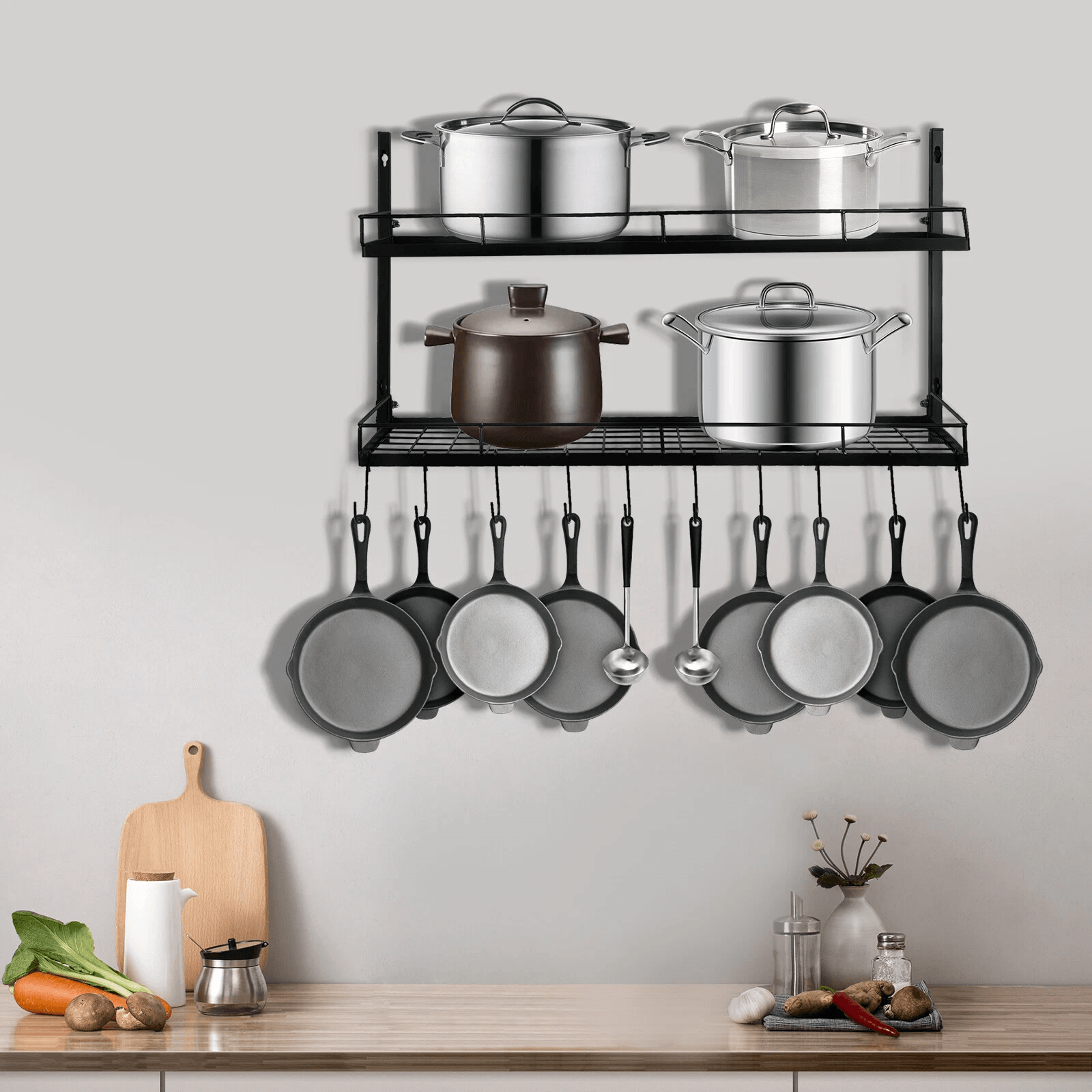 2 tier wall mounted pot rack with 10 hooks for pots, pans & kitchen storage
