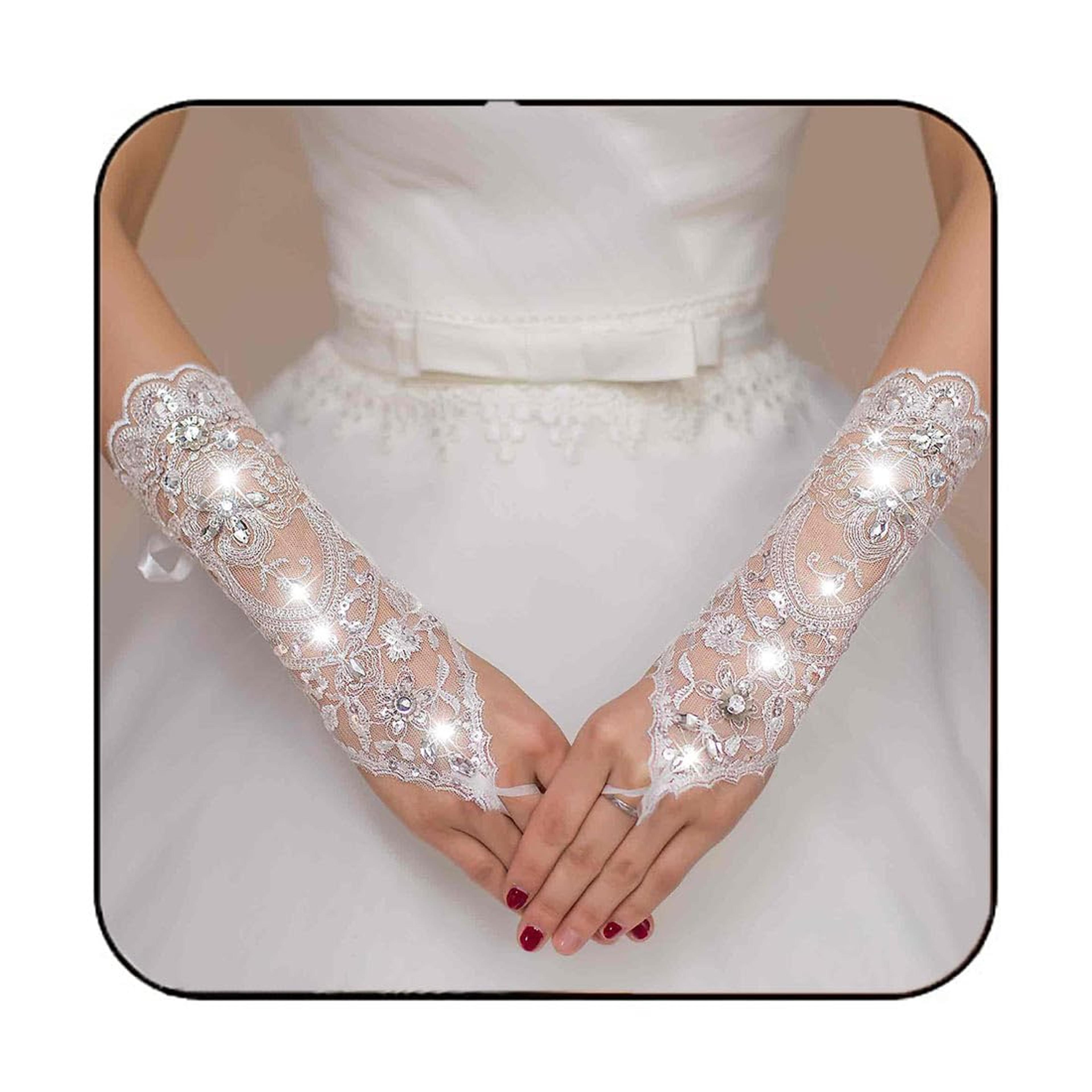 elegant womens wedding lace gloves: bridal fingerless gloves with crystal sequins, white hook & eye closure, and adjust