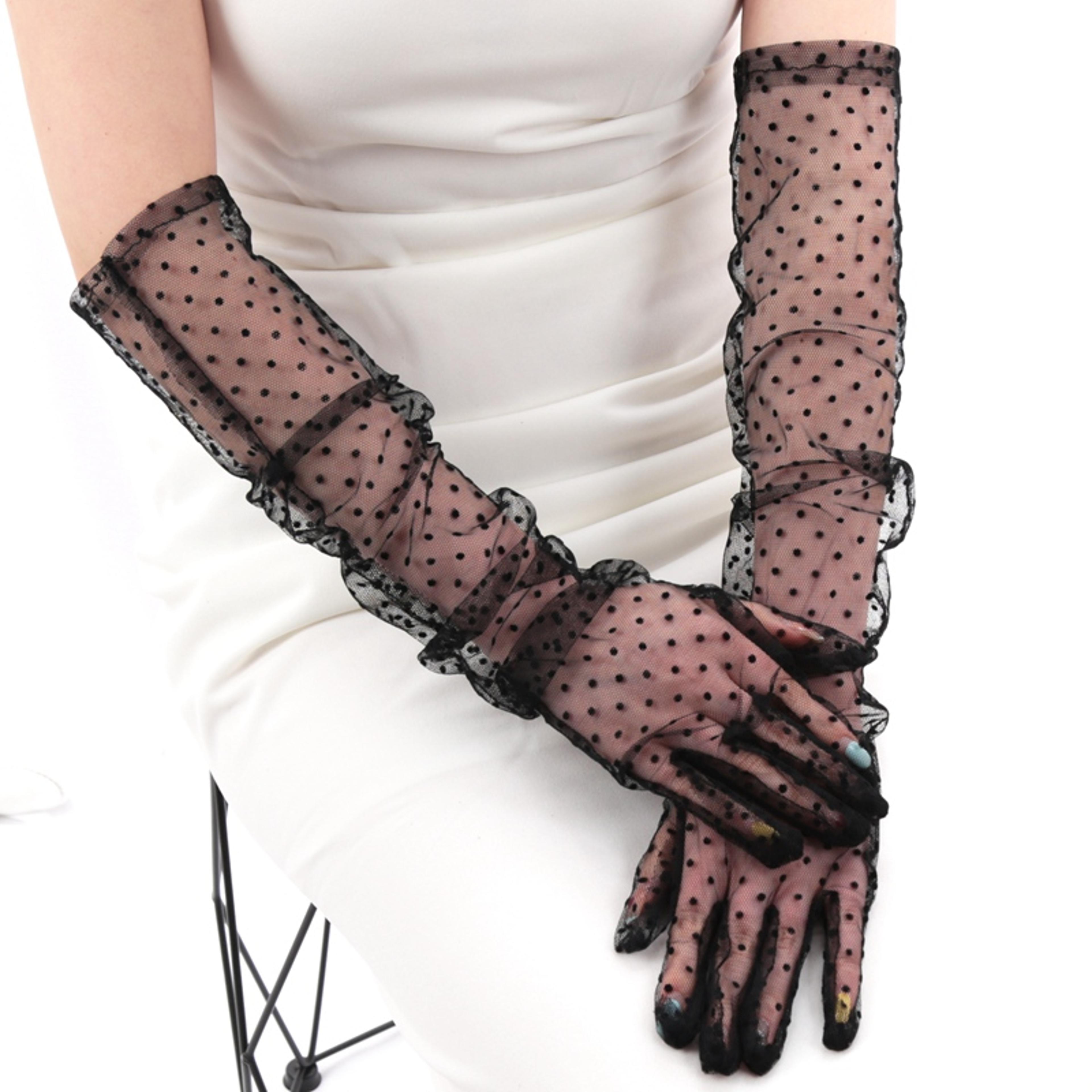women's sexy black lace gloves, long fishnet gauze mittens with wavy dot pattern for bridal wedding etiquette, fashion
