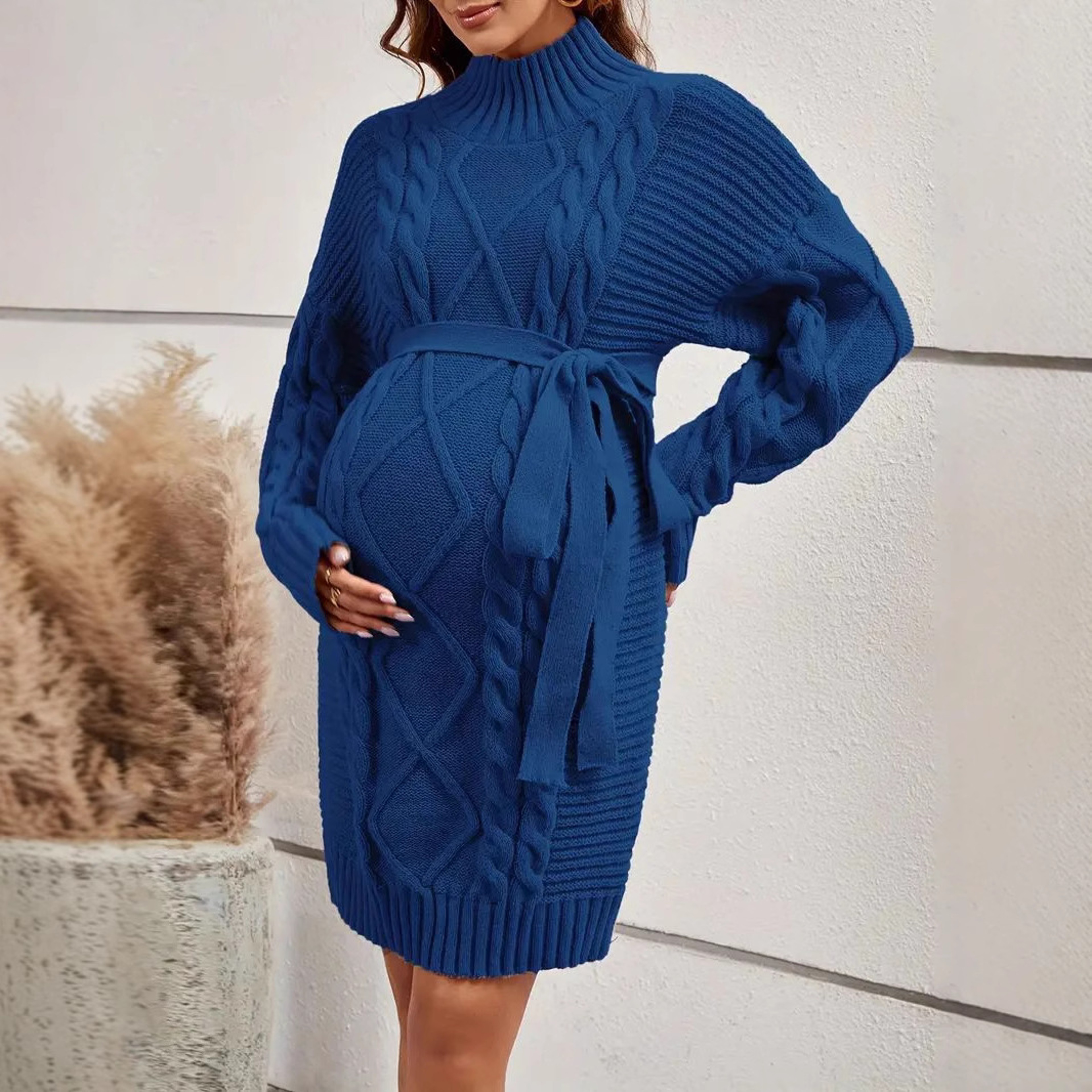 blue sweater dress maternity Momyknows Blue 2 Pieces Knit Buttons Photoshoot Maternity Maxi Sweater Dress, Blue / S