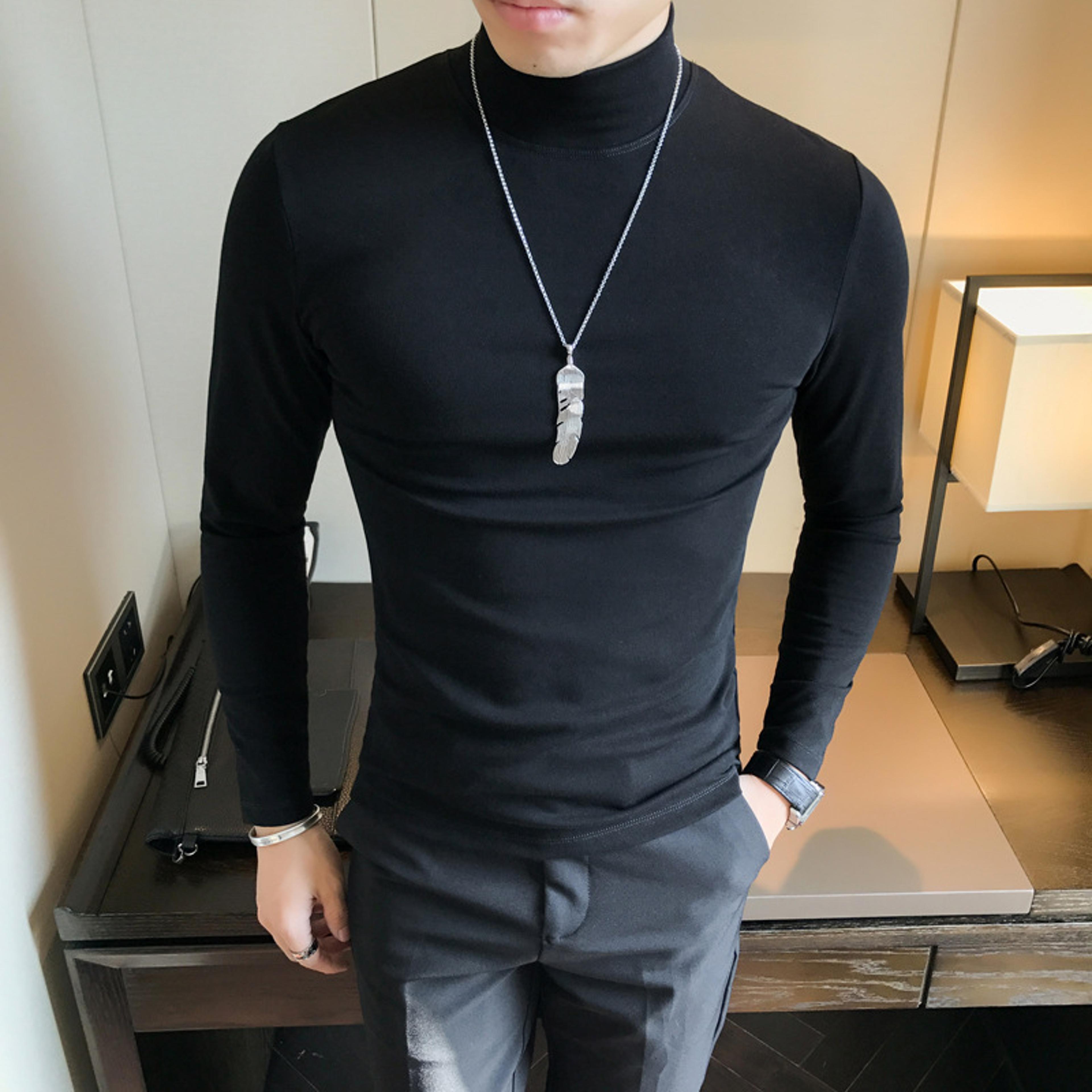 mens slim fit long sleeve turtleneck, high elastic basic pullover, solid color bottoming shirt