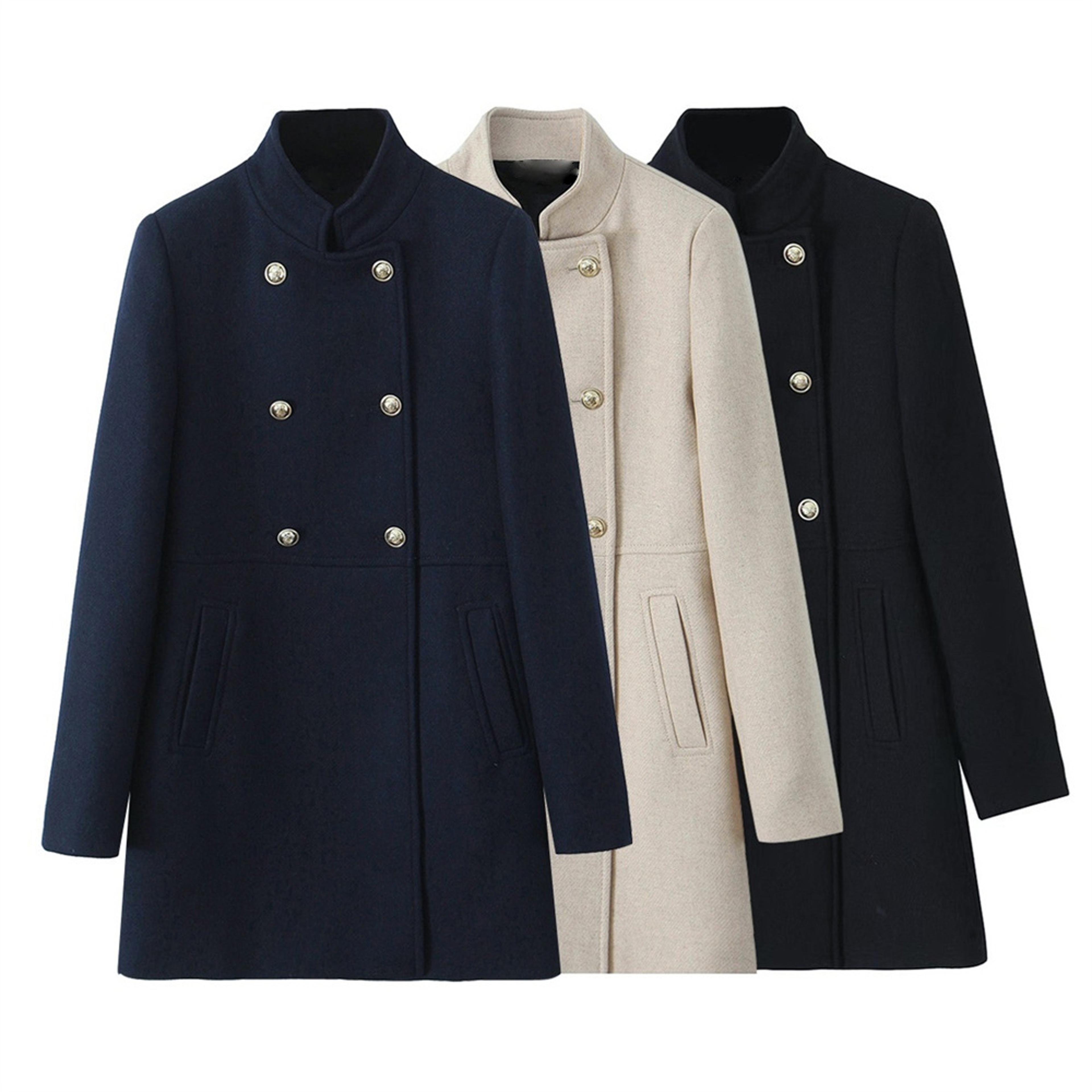new double breasted jacket for women, gold button up stand up collar solid color coat for autumn and winter