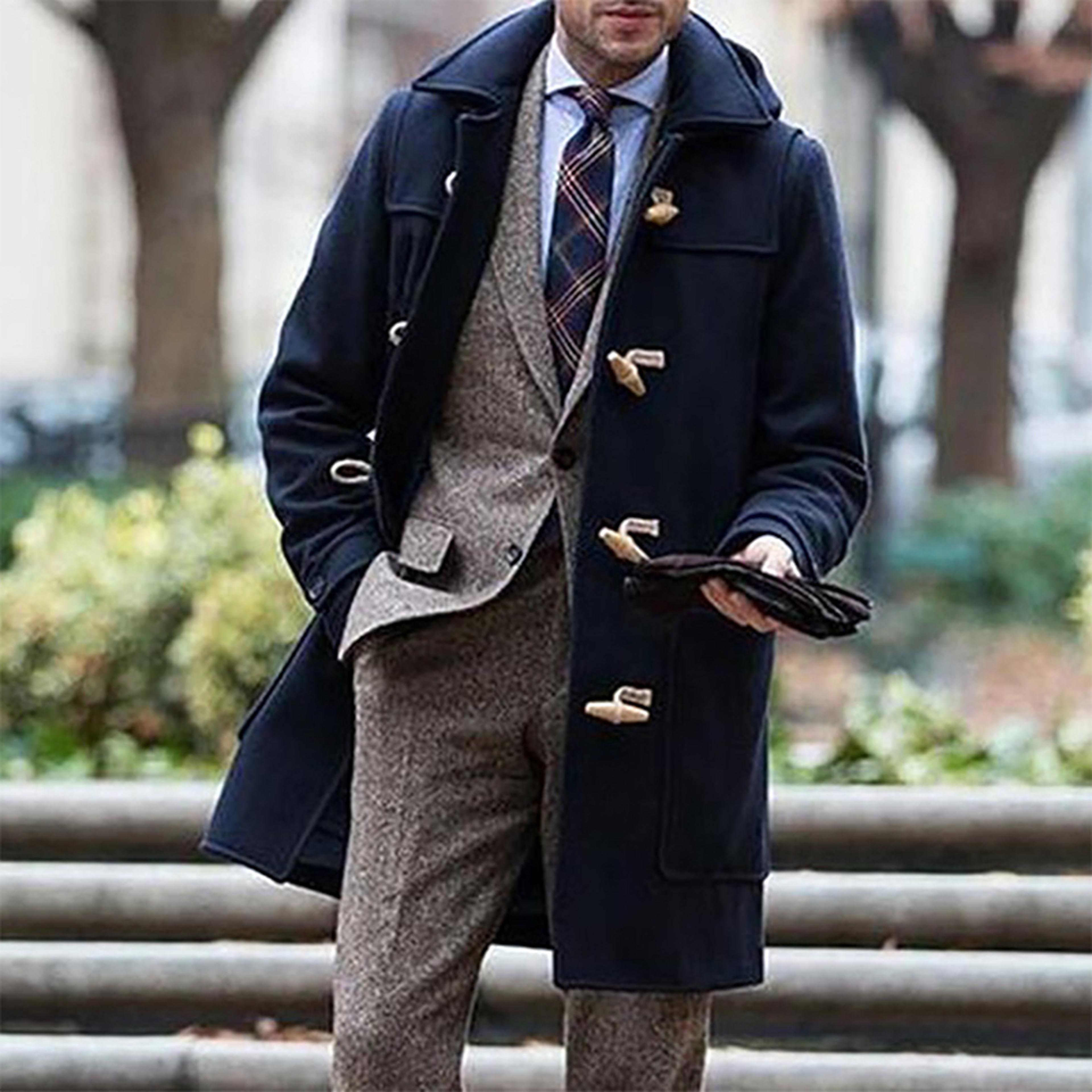 classic men's winter duffle coat, loose fit hooded outwear, wool blend toggle jacket