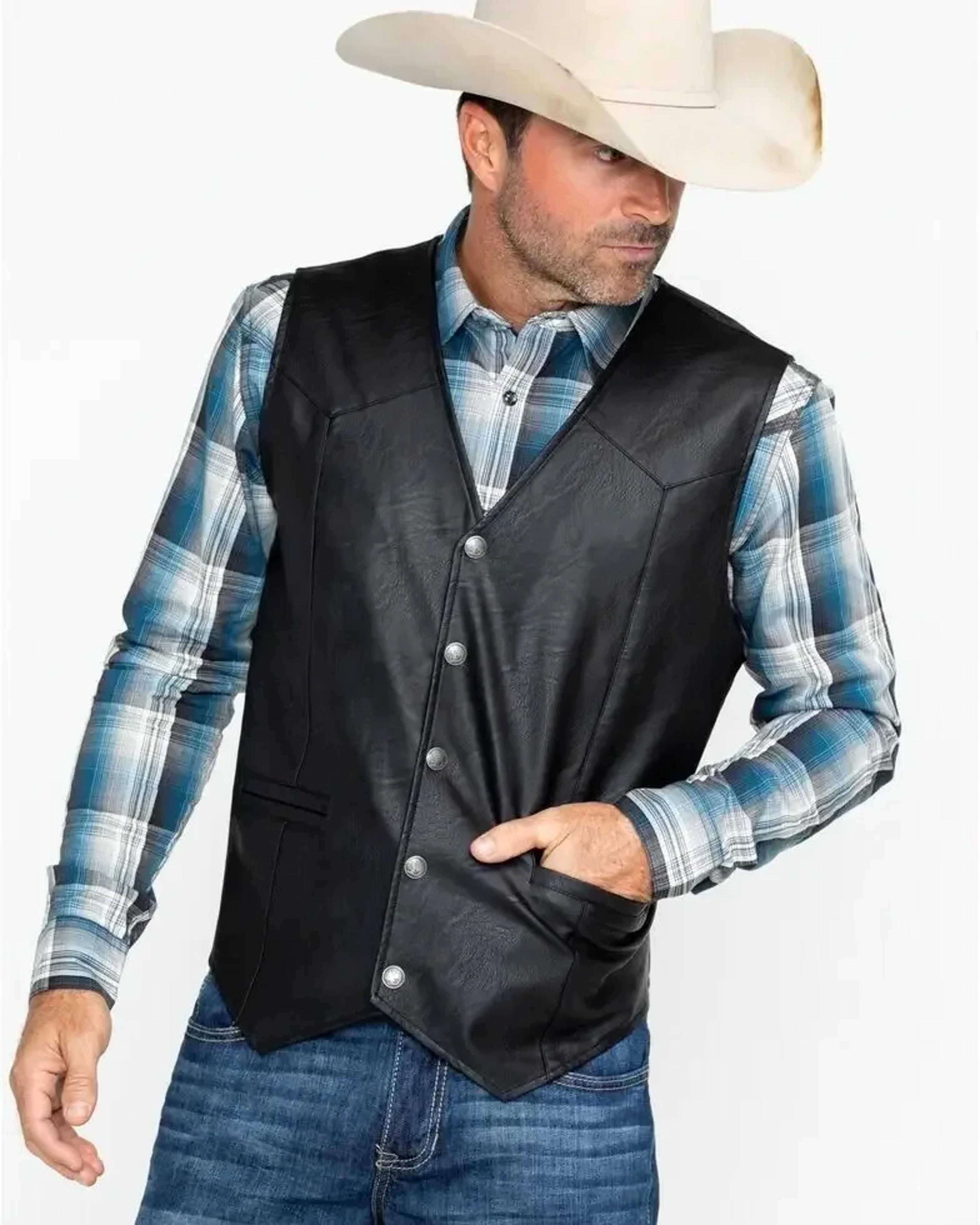 men's soft synthetic leather vest, western snap front, biker vest, informal holiday attire, mens gift