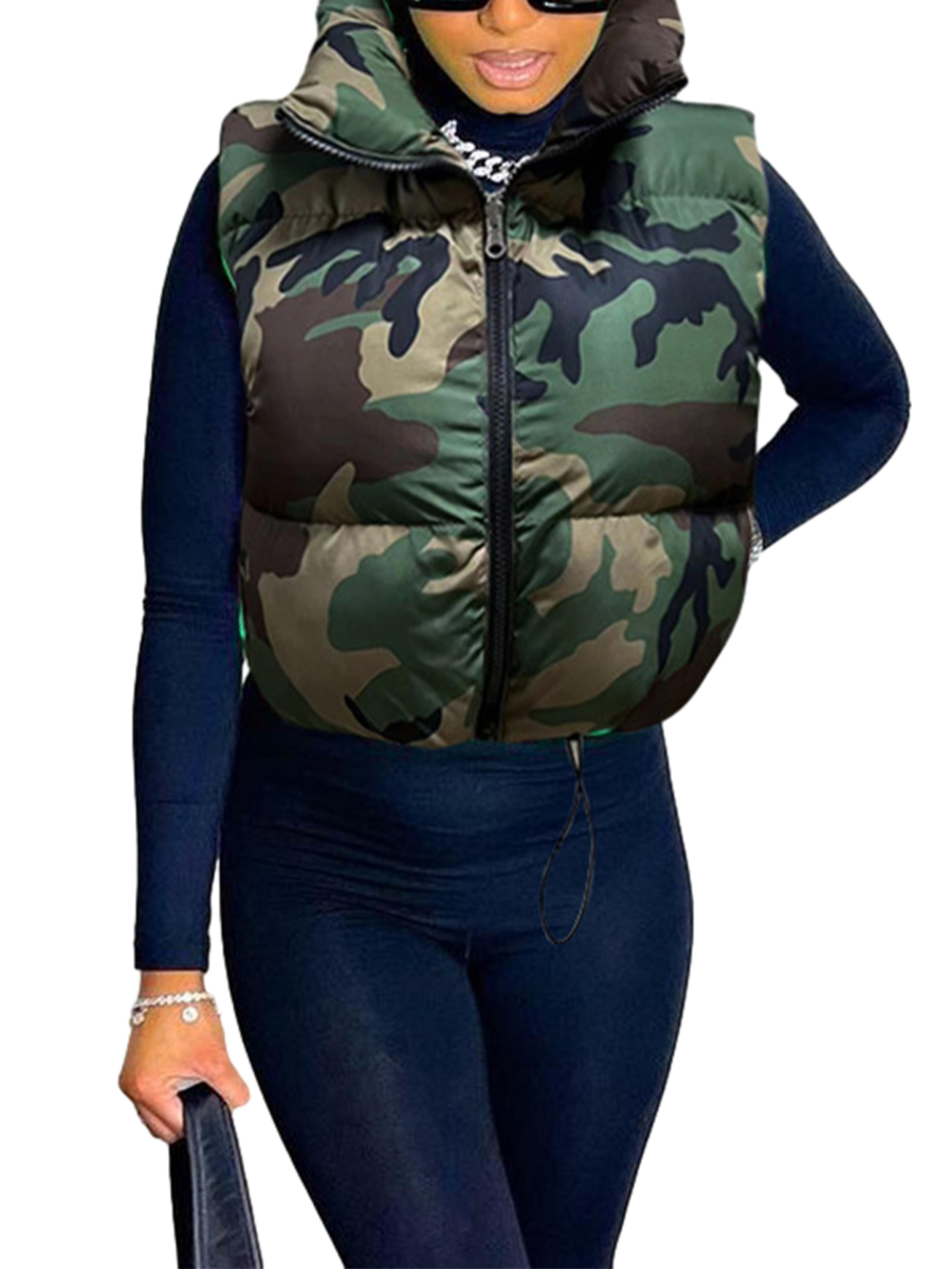 women's puffer vest, sleeveless jacket with hood and pockets, stand collar zipper closure, solid color winter outwear