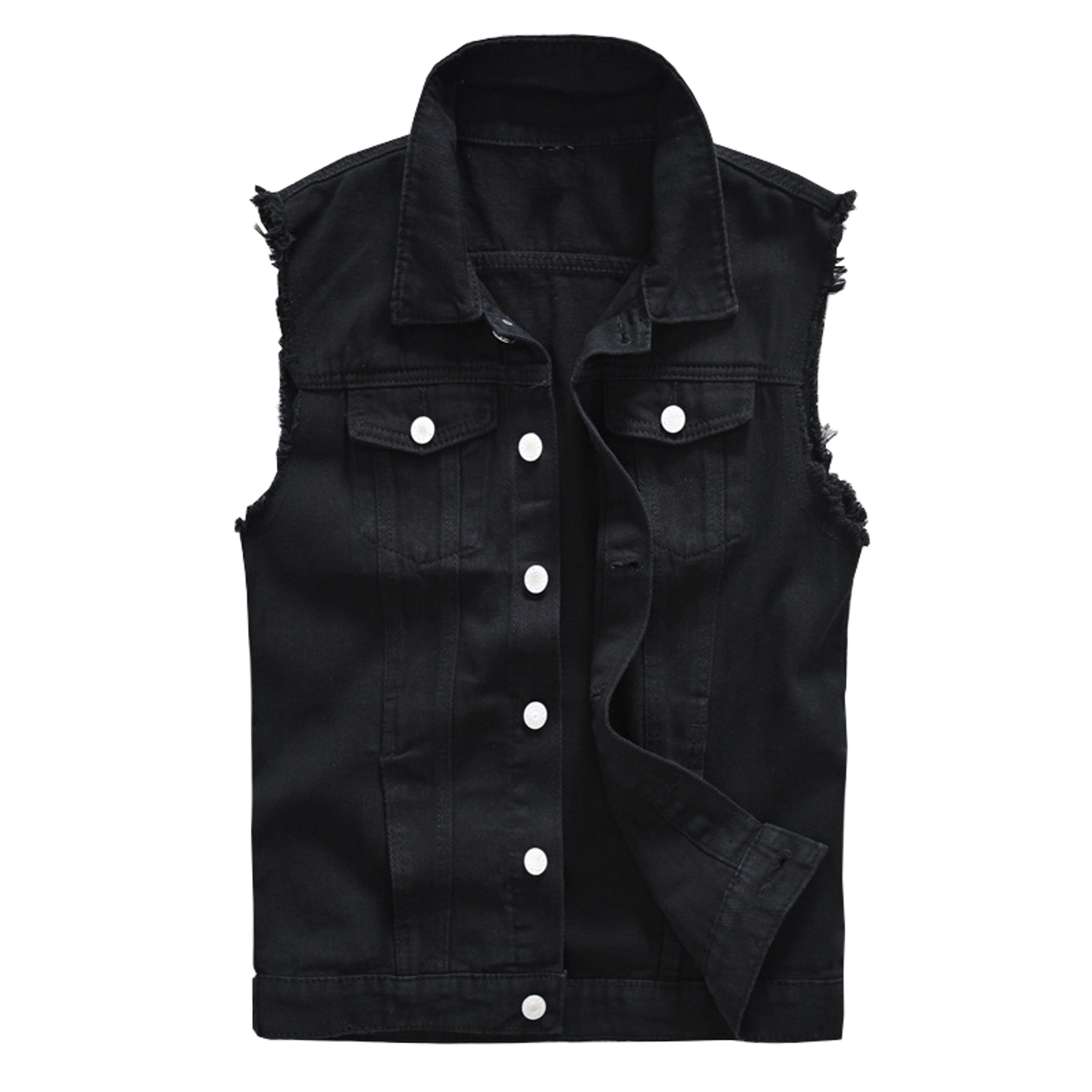 mens black jean vest, slim fit denim waistcoat, fringe sleeveless tank top