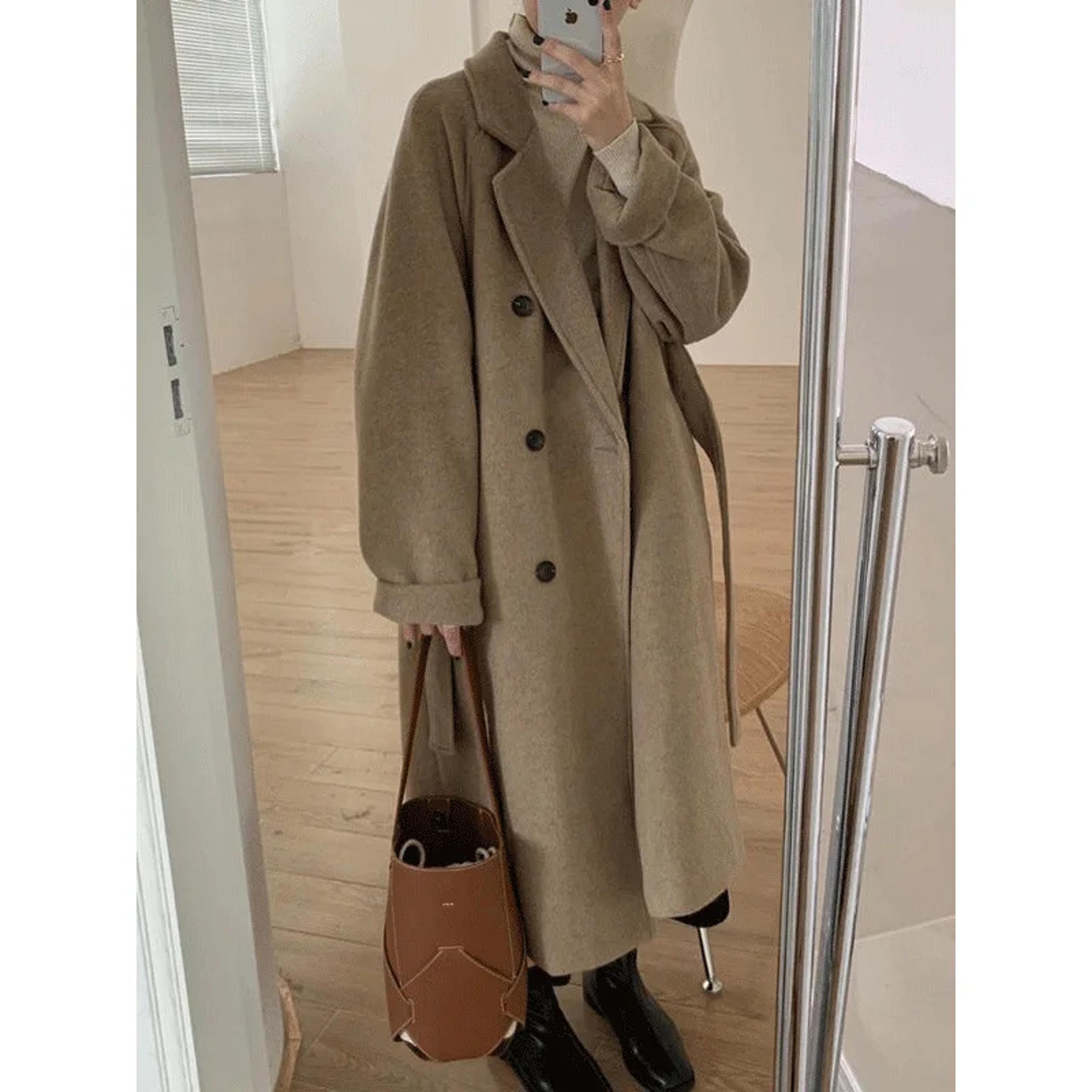 elegant women's woolen coat, autumn winter mid length hepburn style, loose fit thickened outerwear