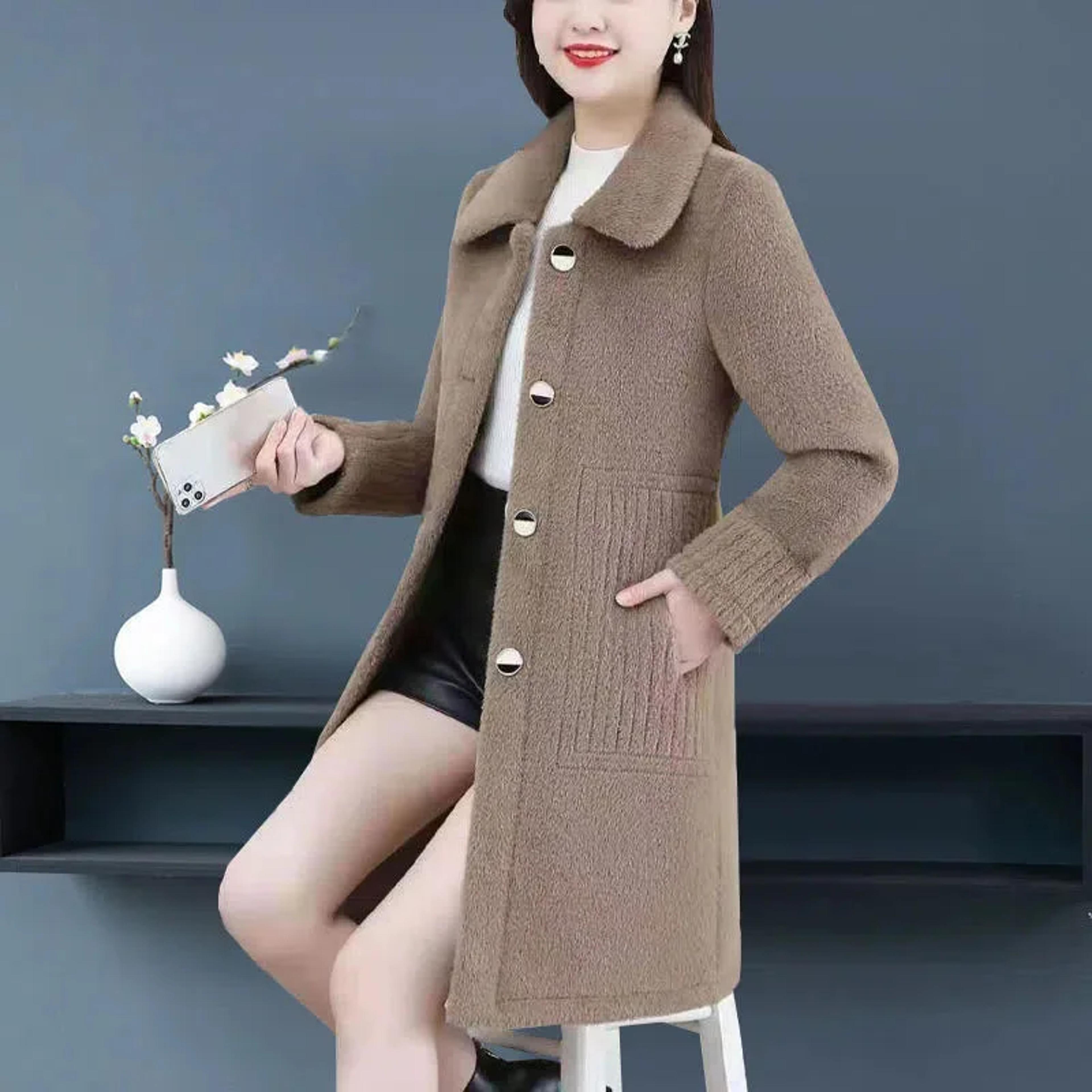 luxurious winter lamb fur jacket, thickened long woolen coat, fashionable polyester design for mothers and women