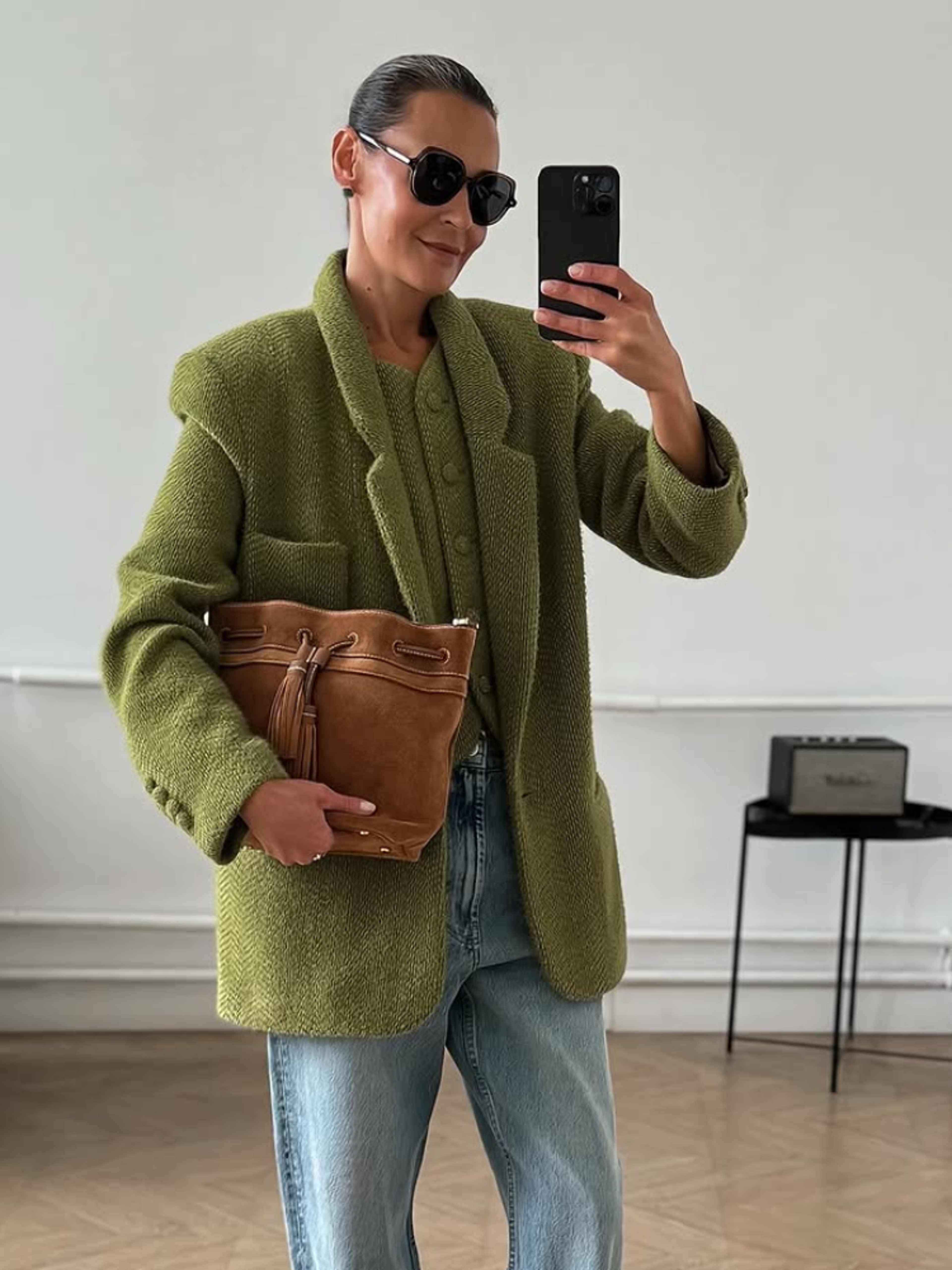 fashionable green woolen coat for women, chic collar, single button jacket, solid color highstreet outerwear, autum