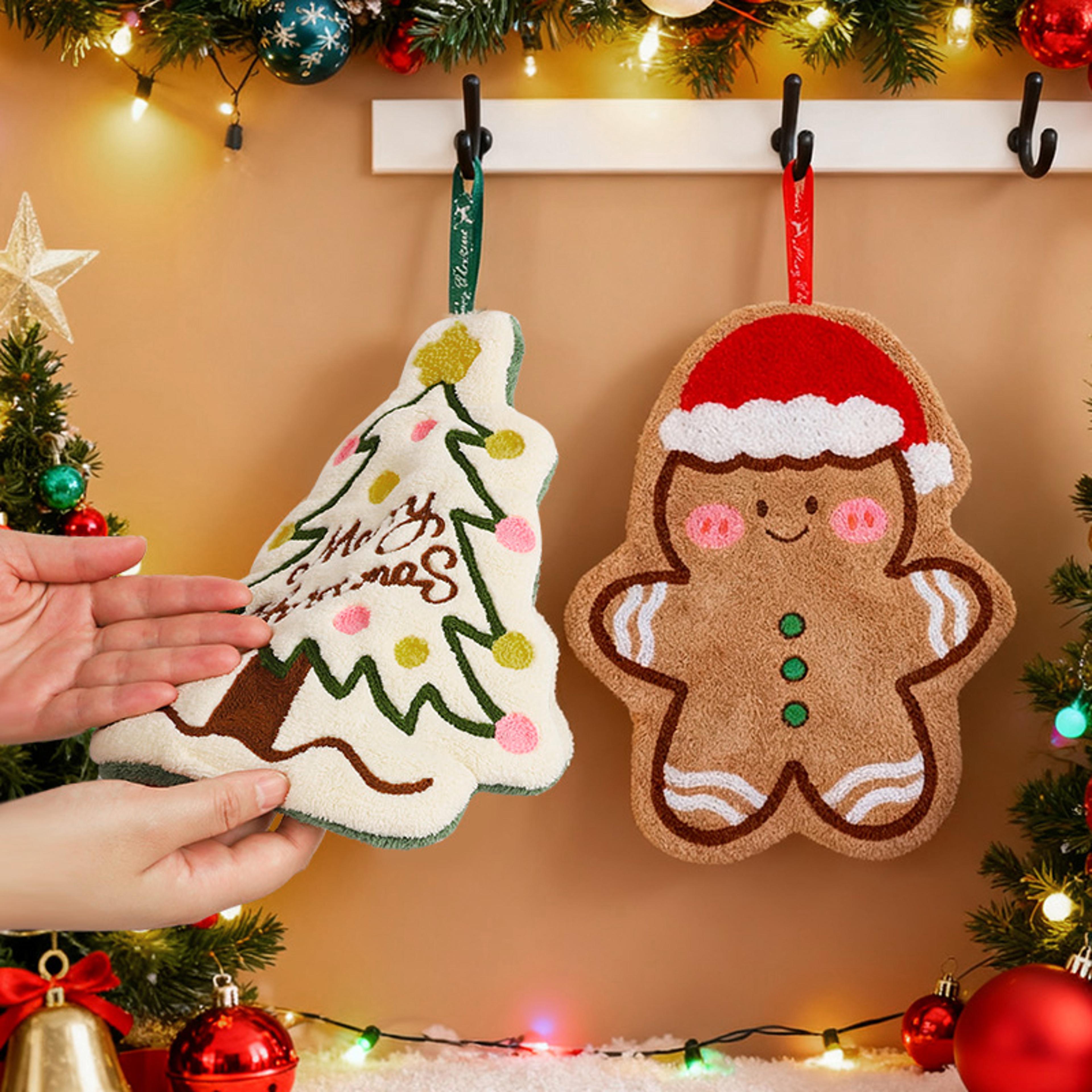 coral fleece christmas hand towels, gingerbread man, snowman, tree design, cartoon style, home kitchen bathroom decor
