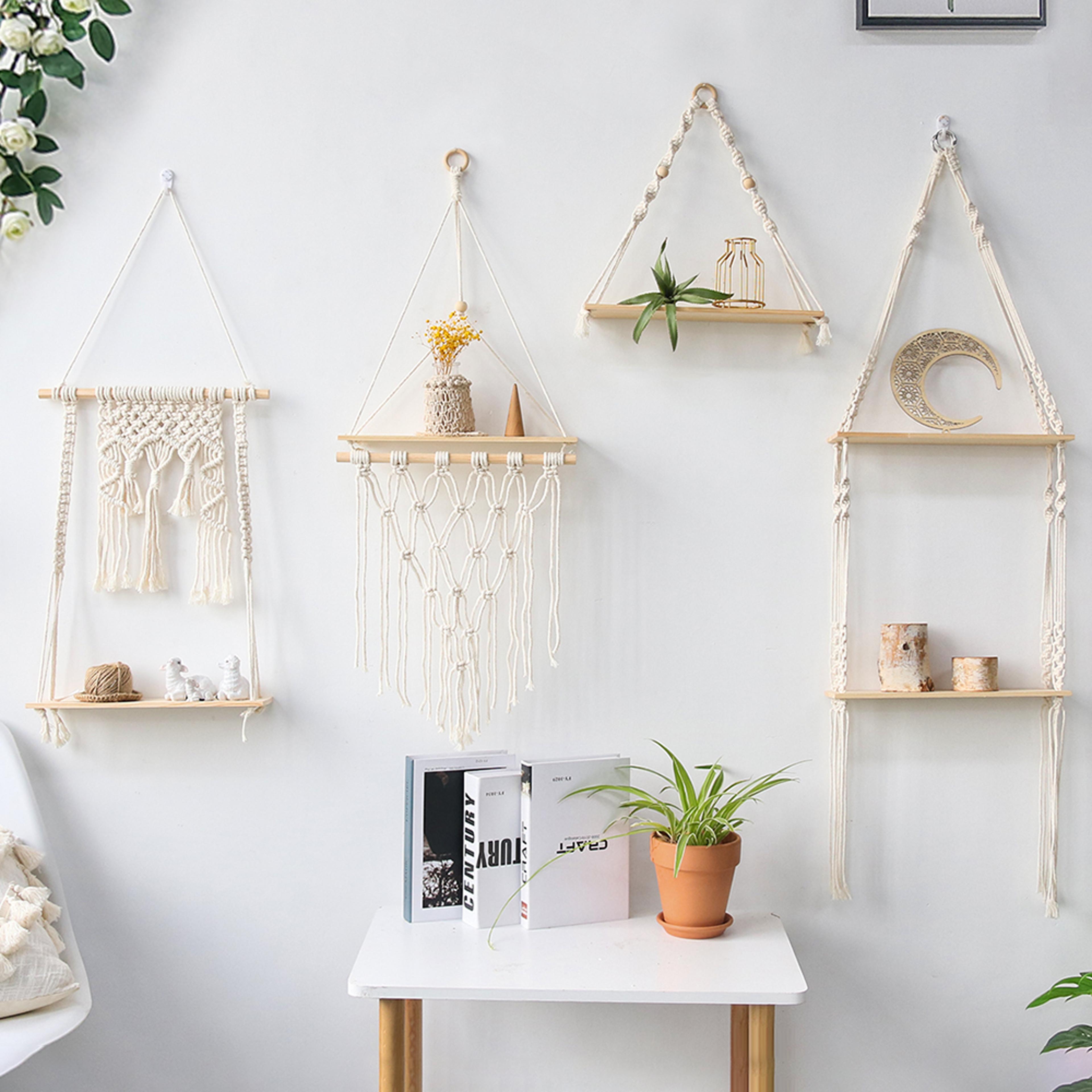boho home decor shelves, floating macrame wall shelf, wood decoration for living room