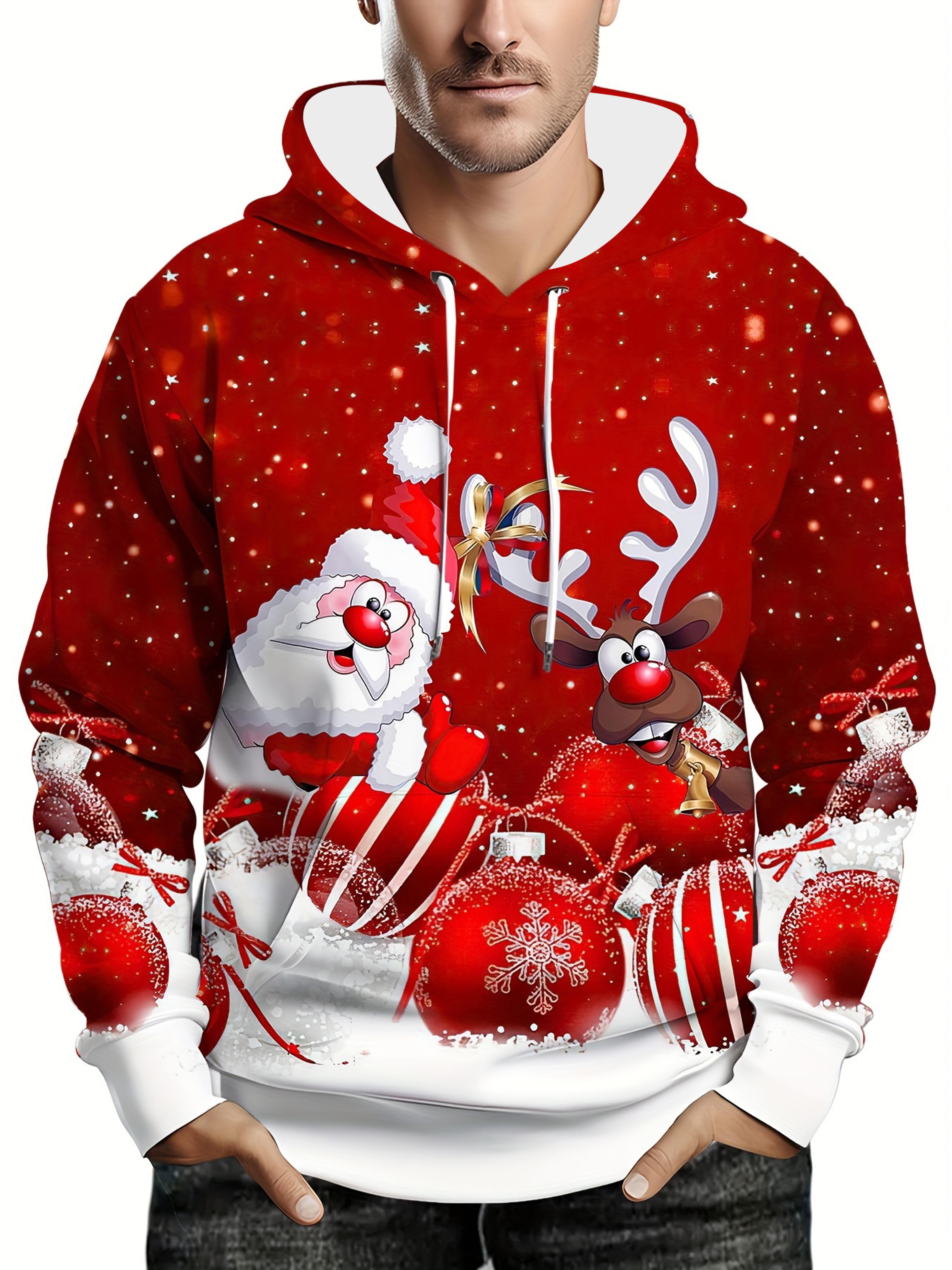 oversized men clothing hoodie, christmas hoodie with hood, men 3d santa and reindeer print, winter party outfit tops