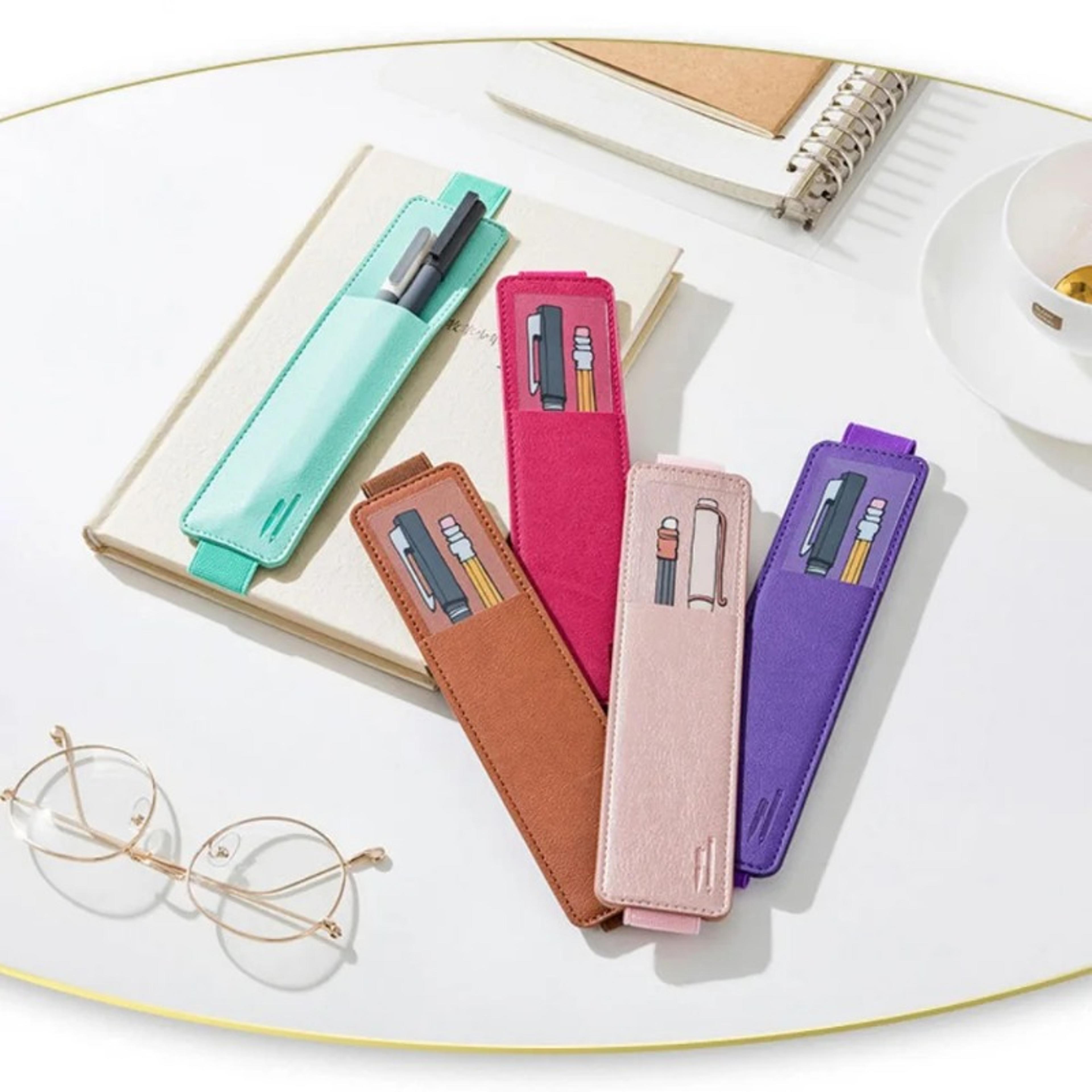 notebook pen case with elastic buckle, pu leather pen bag for office meeting, fashion school stationery easy carry