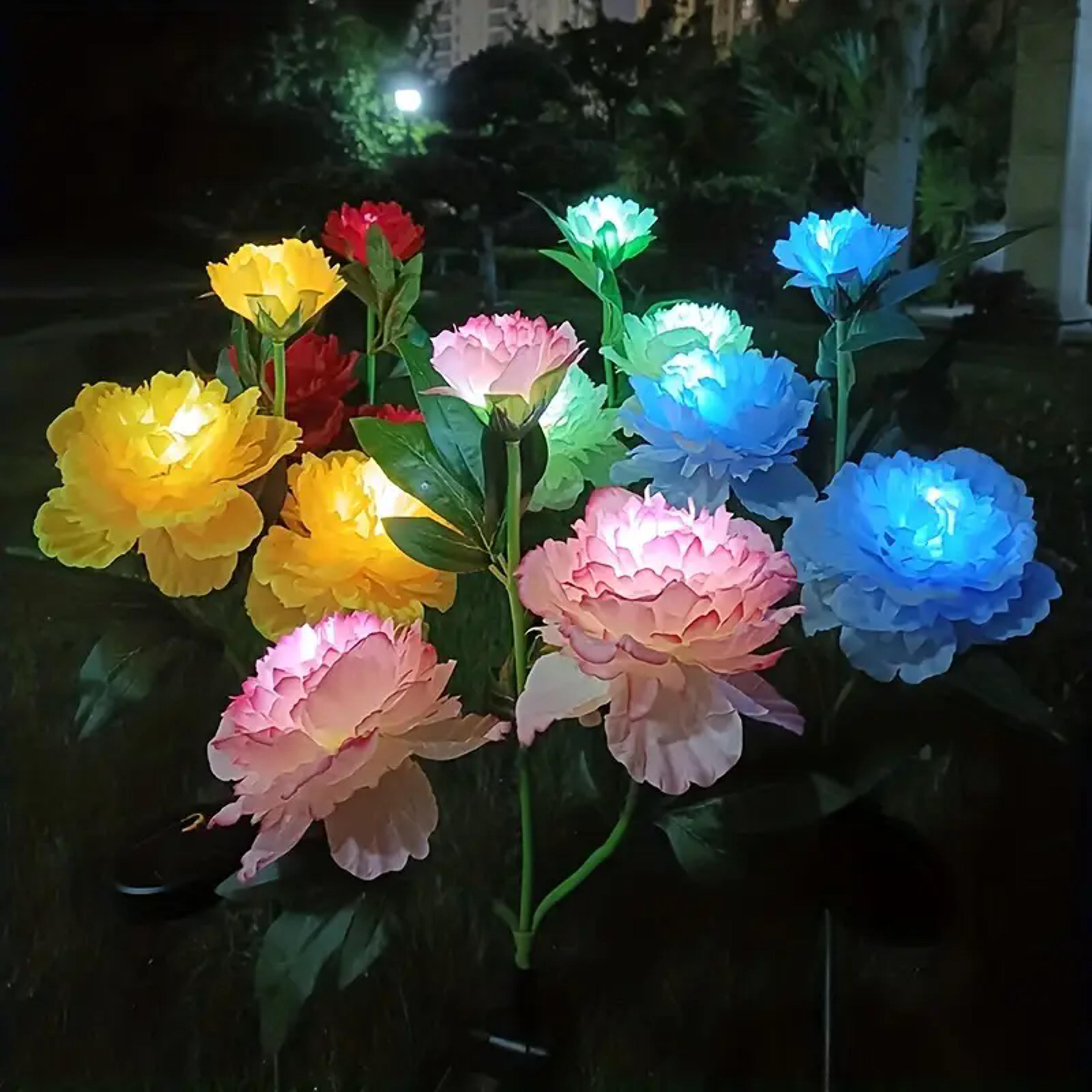 pink solar garden lights, waterproof 3 head peony flowers lamps for yard, outdoor pathway christmas lawn decor