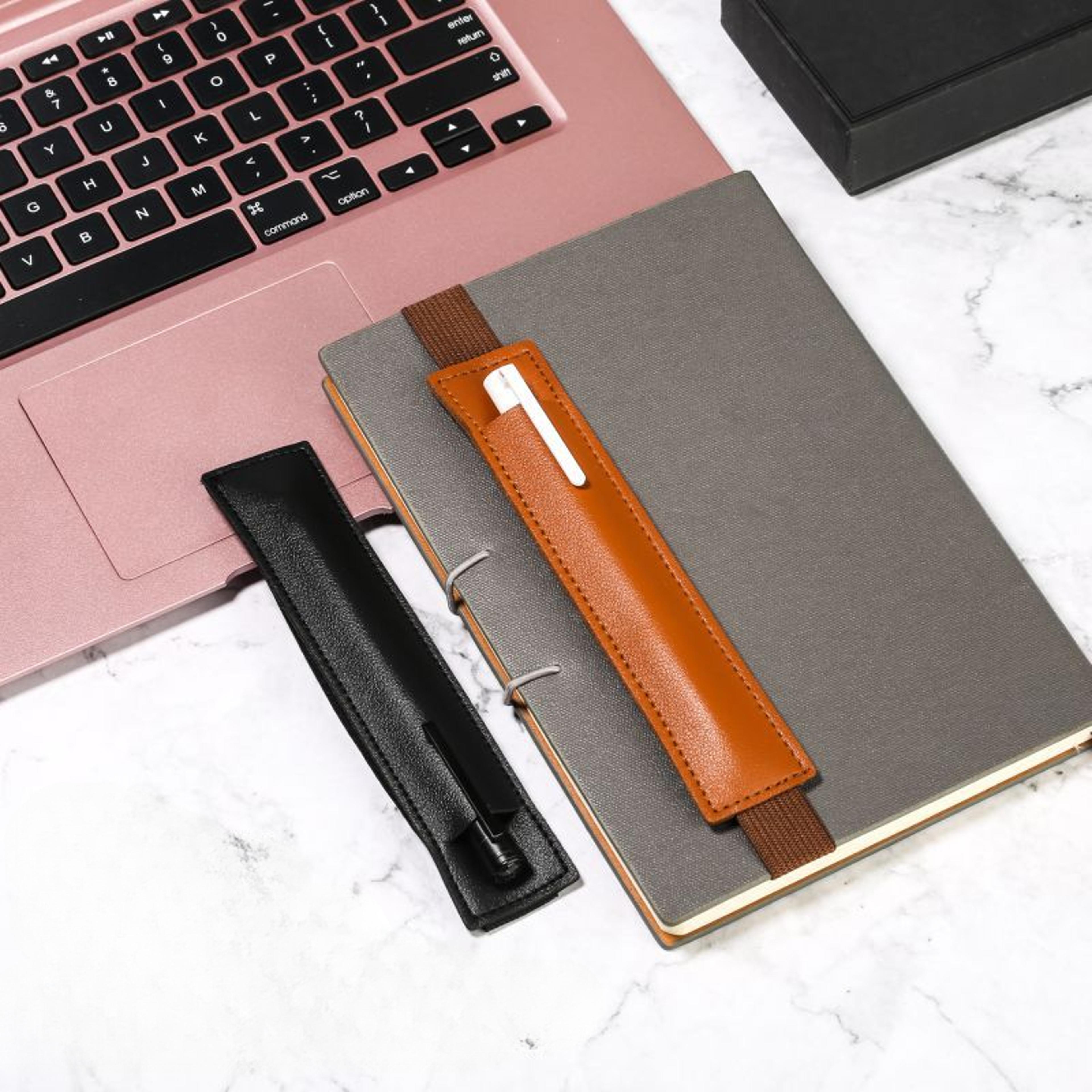 pen holder for notebook, leather adjustable elastic band pen pouch for planner