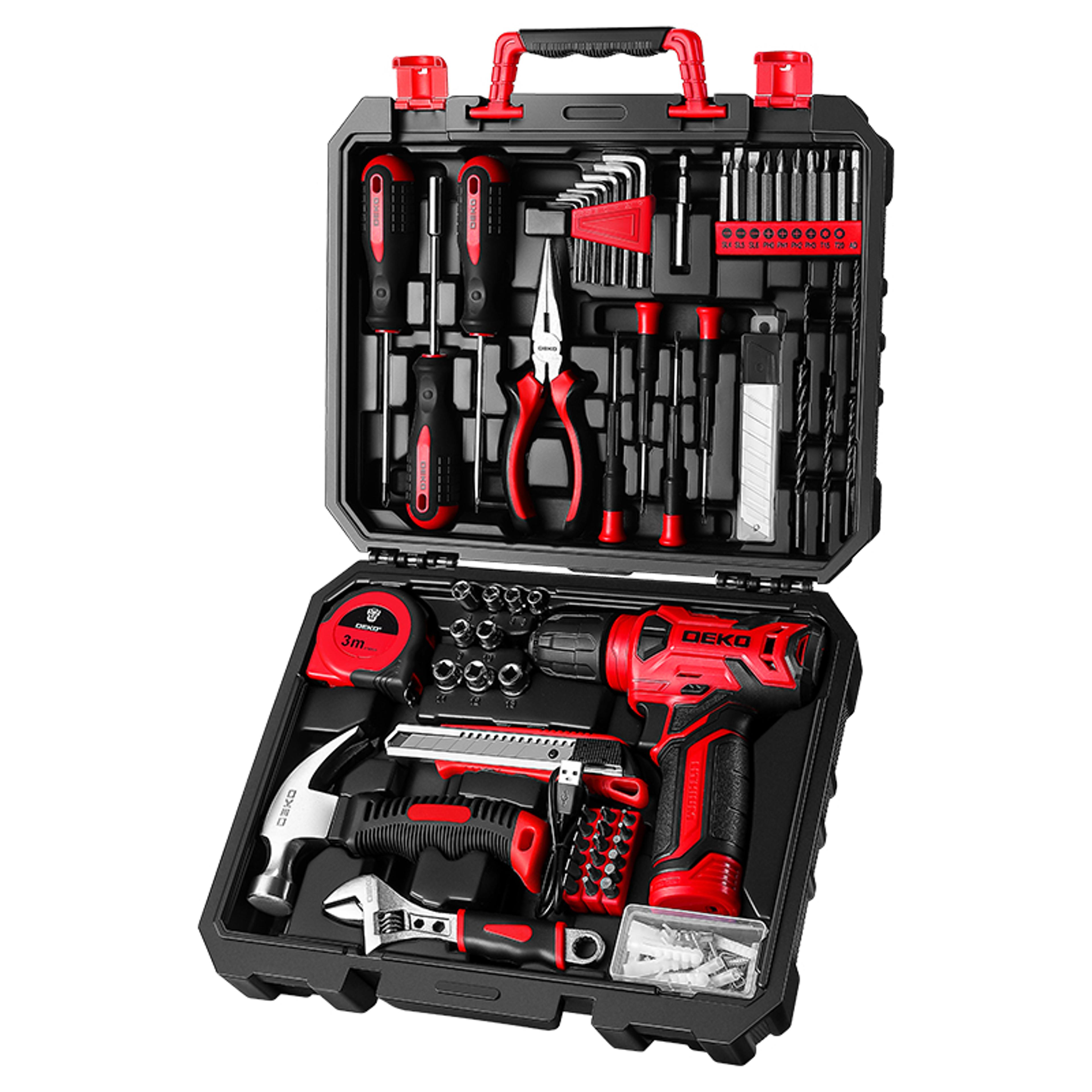 red cordless drill, multi-functional tool set for women, home diy tool kit, hand tool kit with drill and accessories
