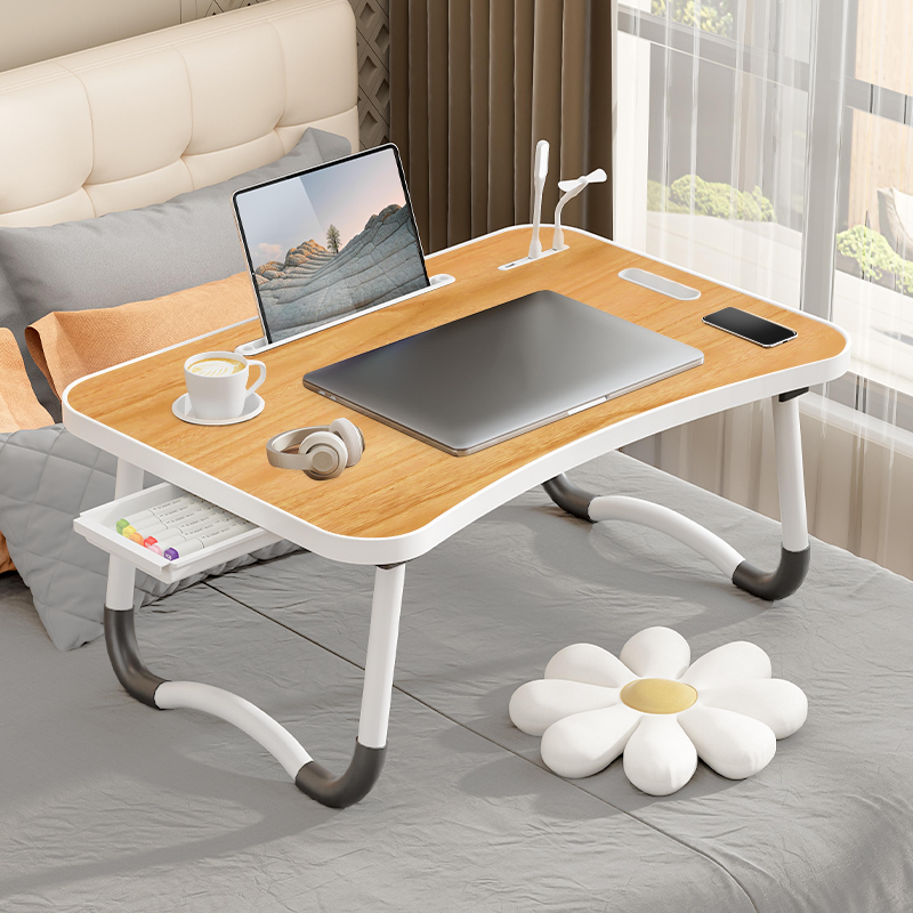 foldable laptop table for working, portable desk with usb light, small fan, cup holder, tablet slot, lifting handle