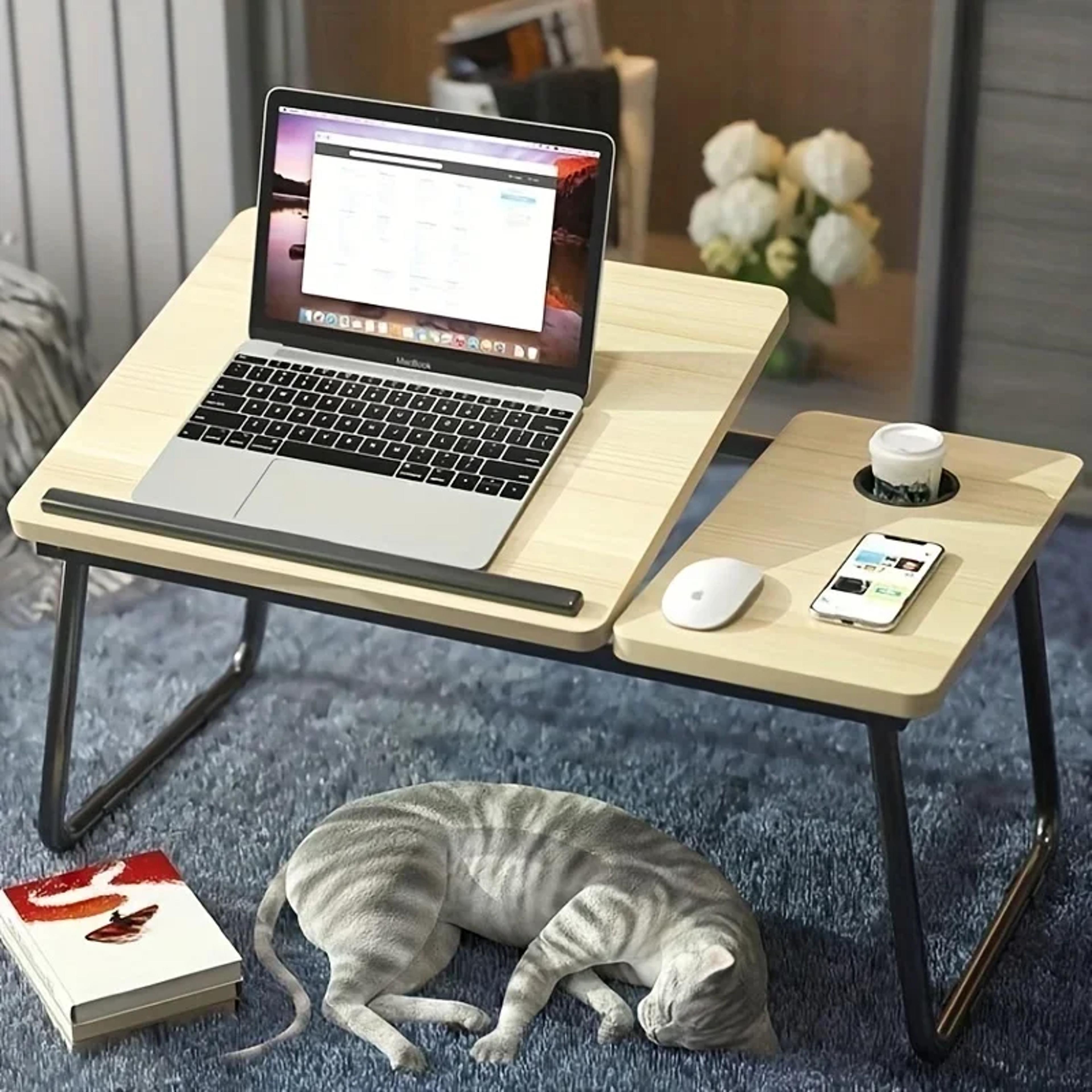 computer lazy desk with ergonomic design, integrated foldable table with adjustable height, compact and practical