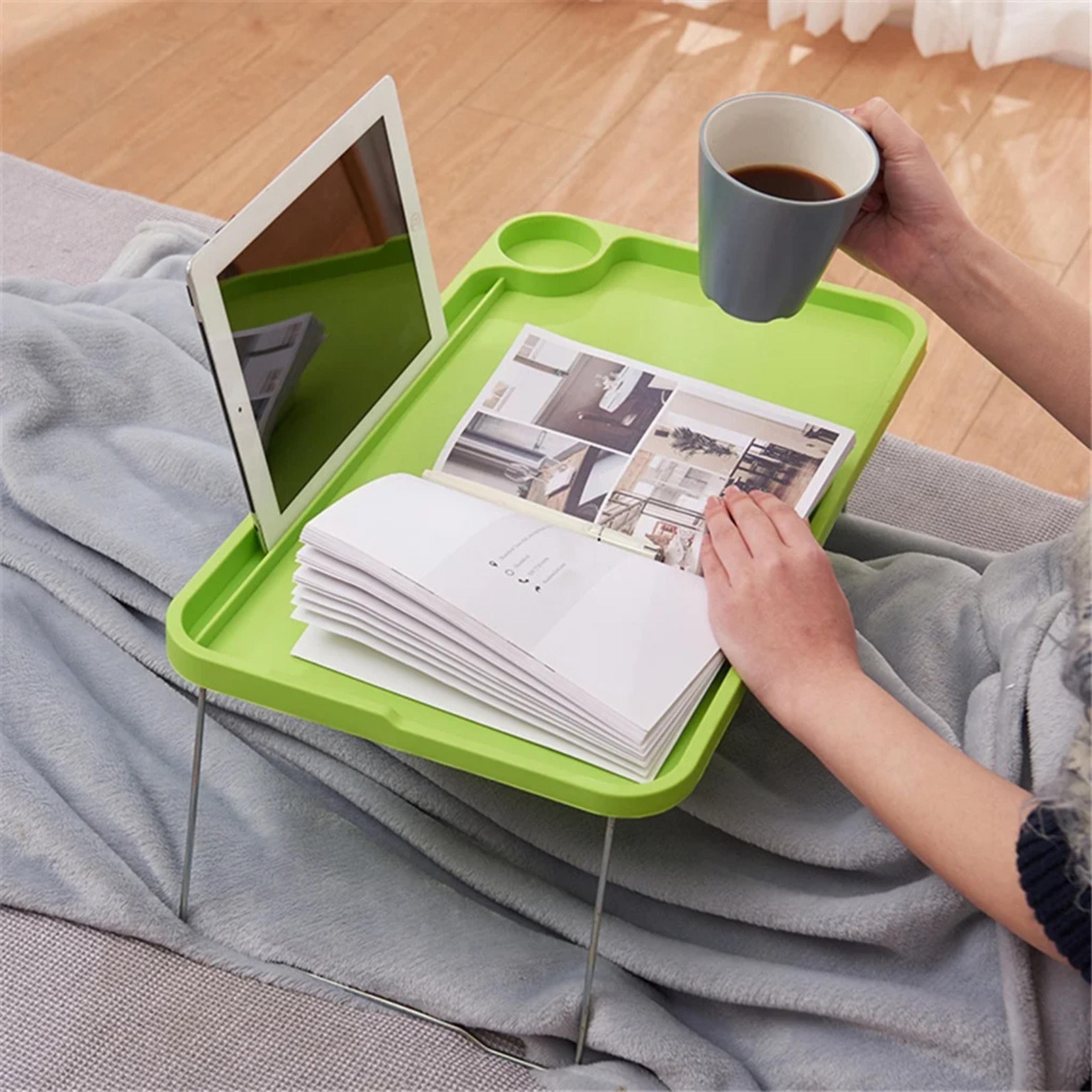 portable foldable laptop bed table, stable multi function tray, lap desk with cup slots, household dormitory utility
