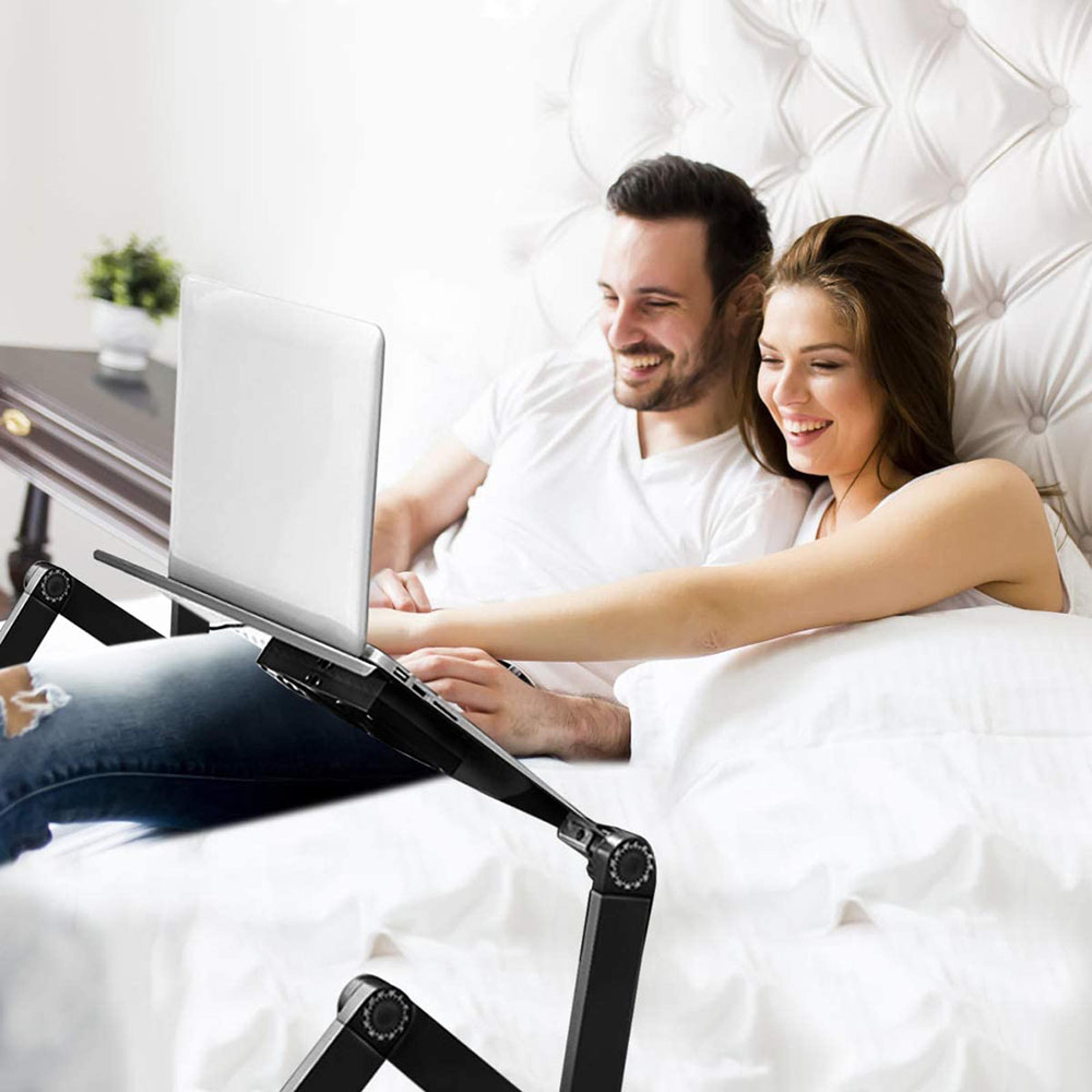 foldable adjustable laptop stand, aluminum laptop desk with large cooling fan & mouse pad for bed, sofa, couch use