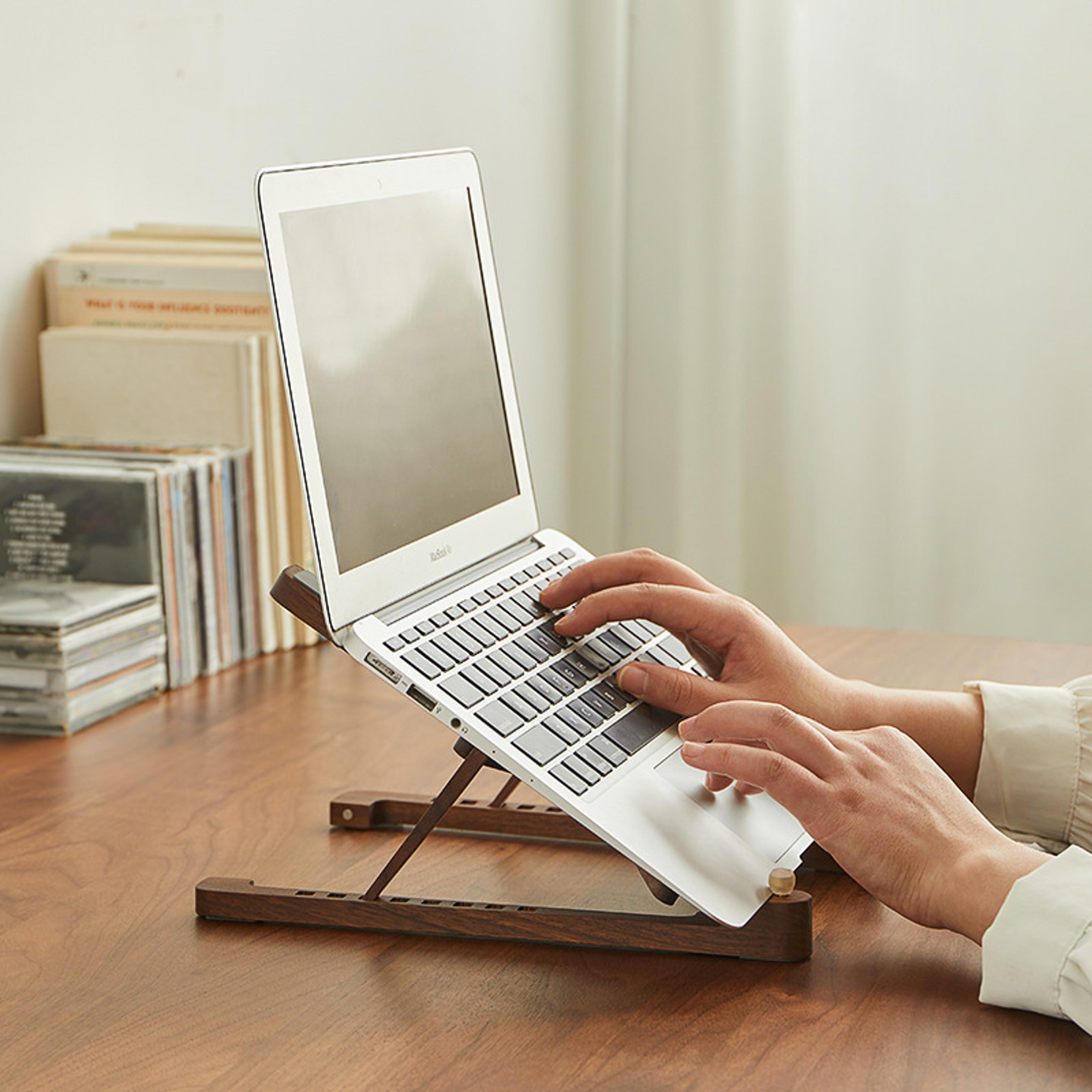portable notebook holder, wood laptop stand, foldable levels, height adjustable computer support for macbook air pro
