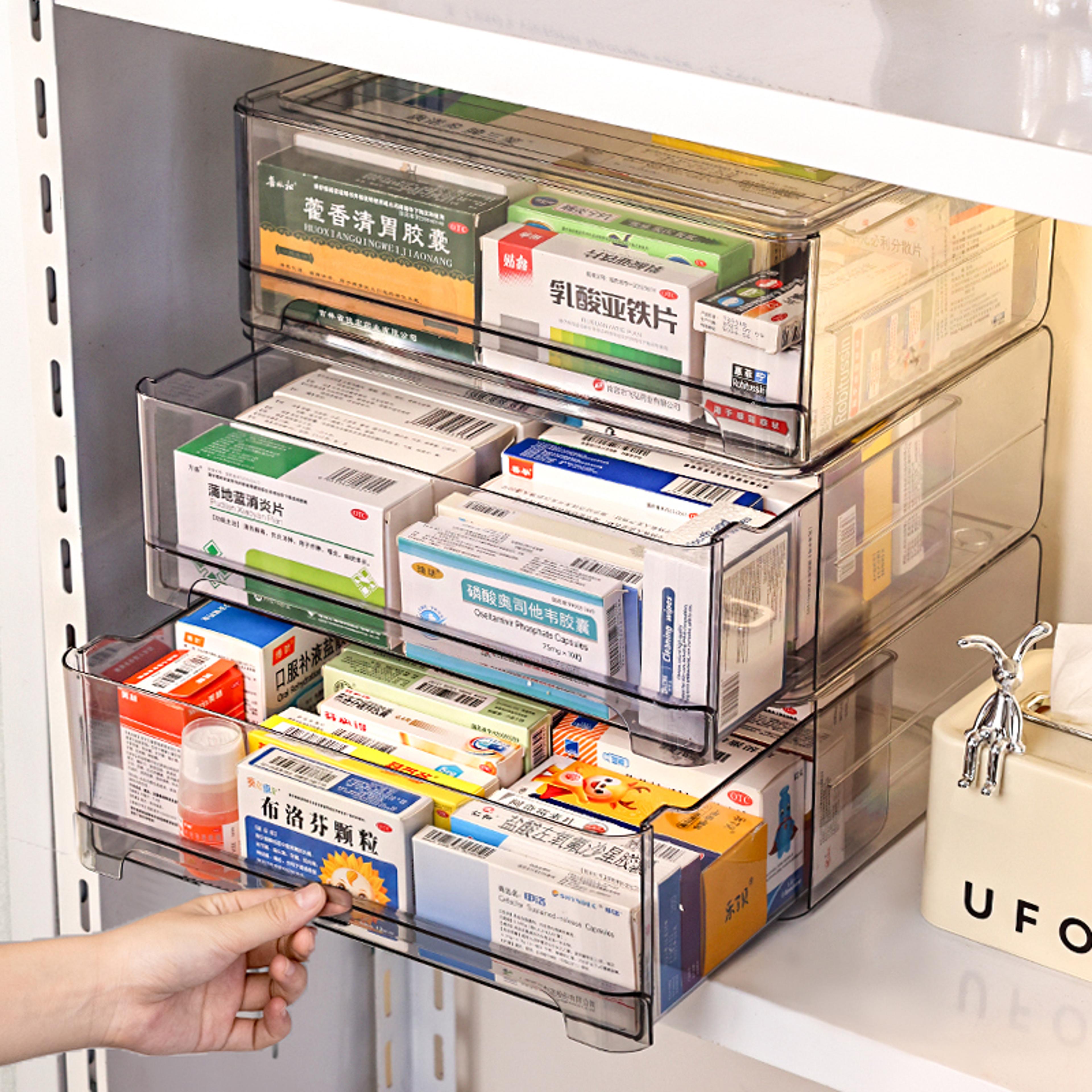 large capacity gray drawer acrylic medicine storage box, pull-out medicine box, stackable medicine sorting box for easy