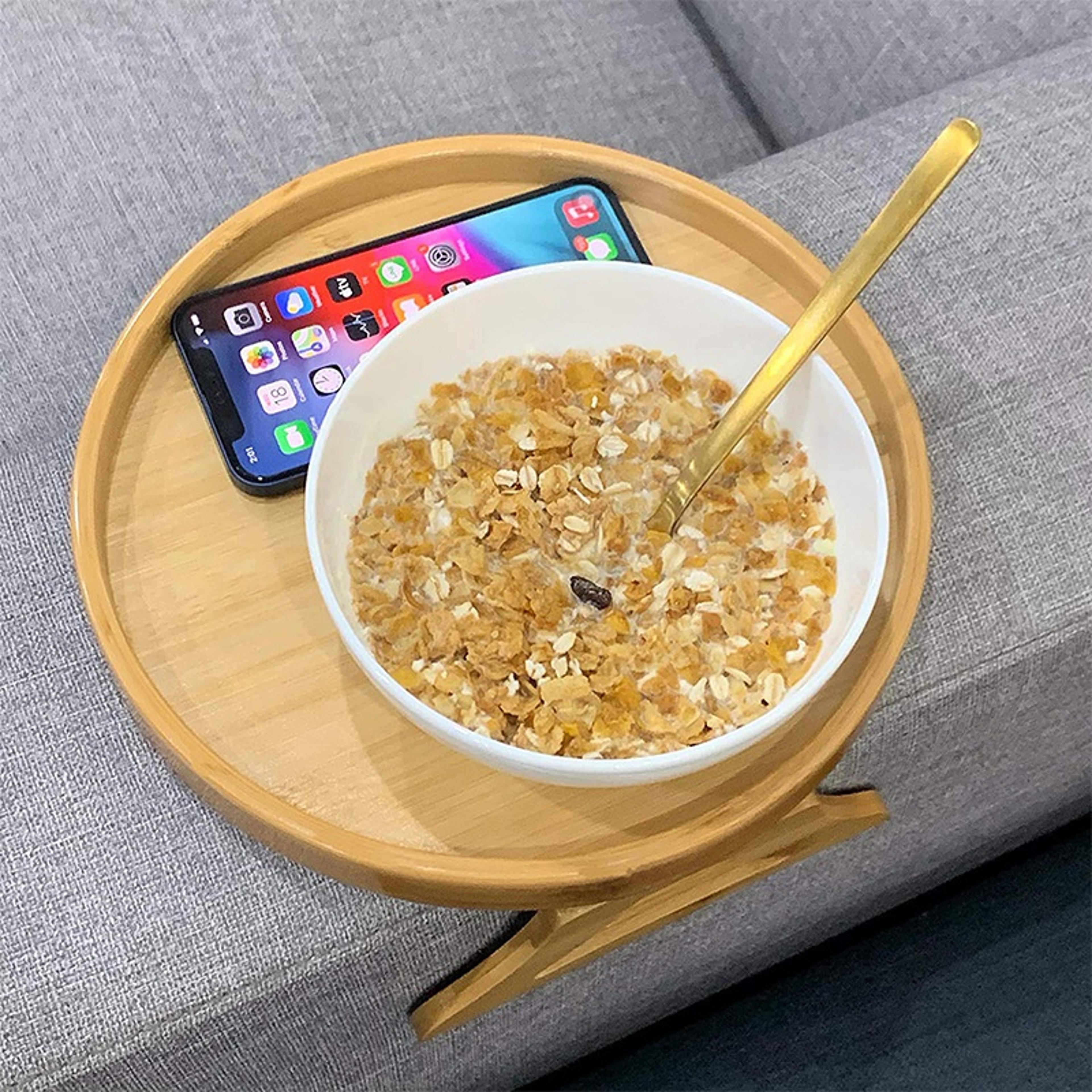 clip-on sofa tray, natural wooden sofa armrest tray, practical tv snack tray, perfect for remote control, coffee, snacks
