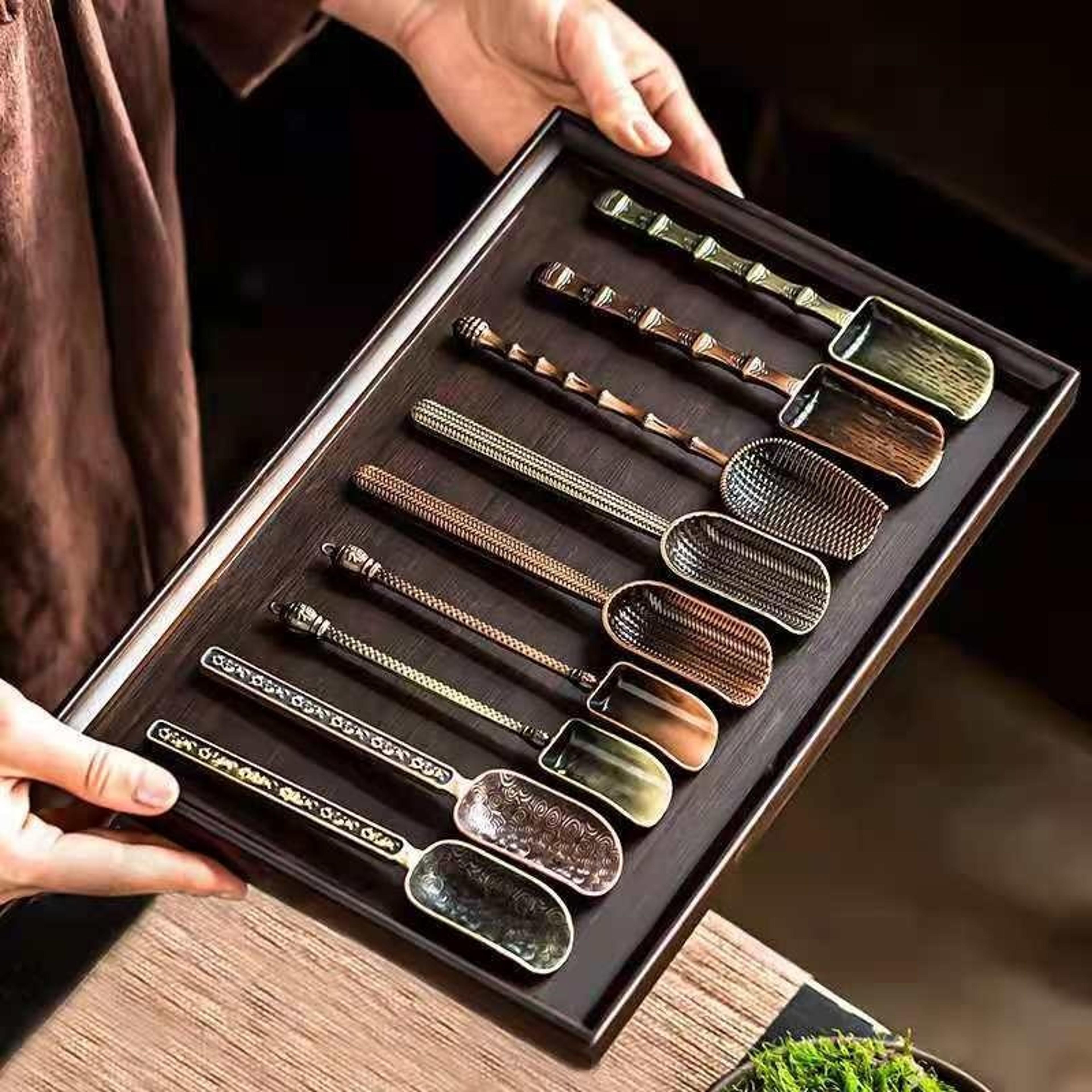 retro alloy teaspoon with auspicious cloud texture, kung fu tea taking tool, tea shovel for office and household use