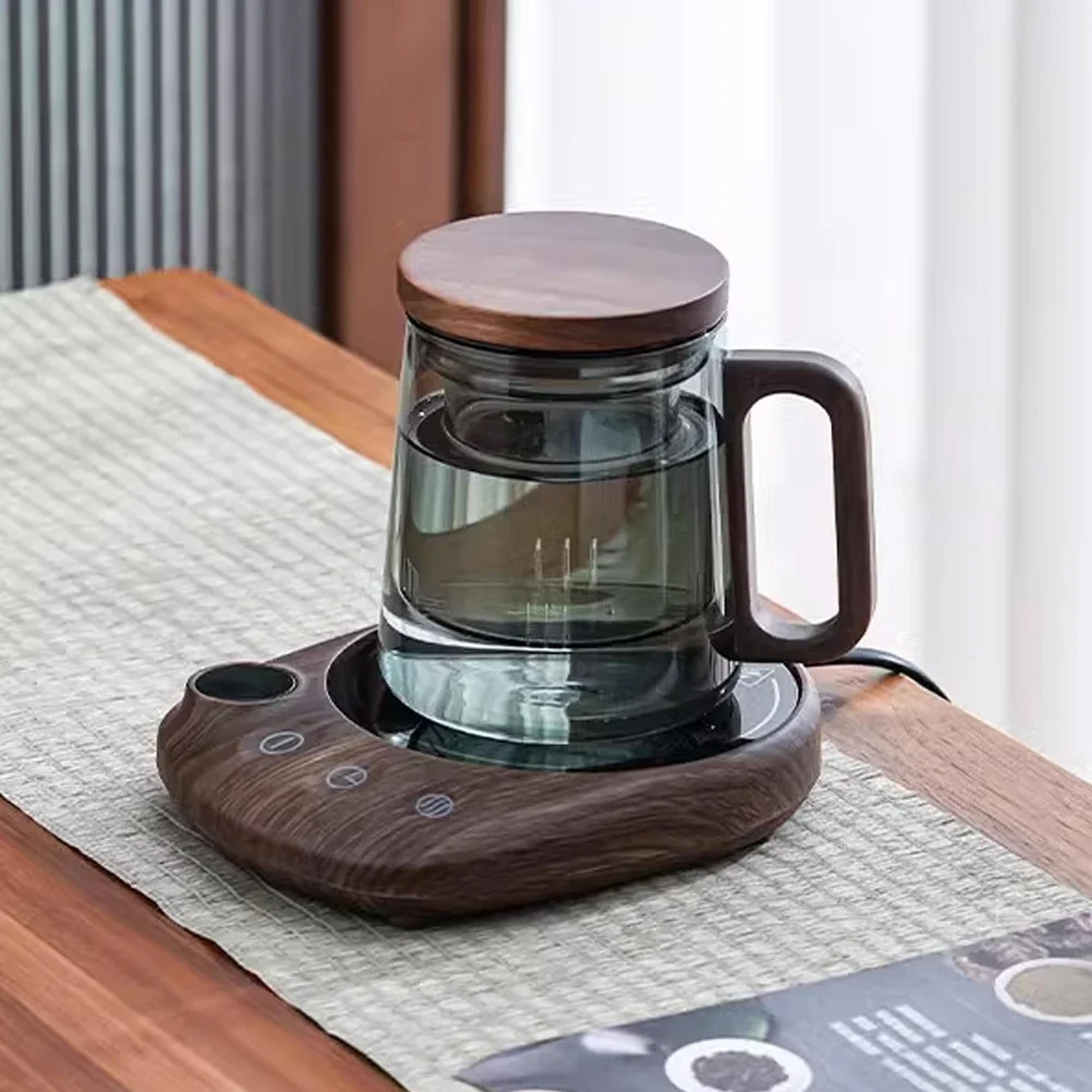 smart milk tea coffee cup mug warmer for desk, electric beverage heating plate with timer, automatic shut off