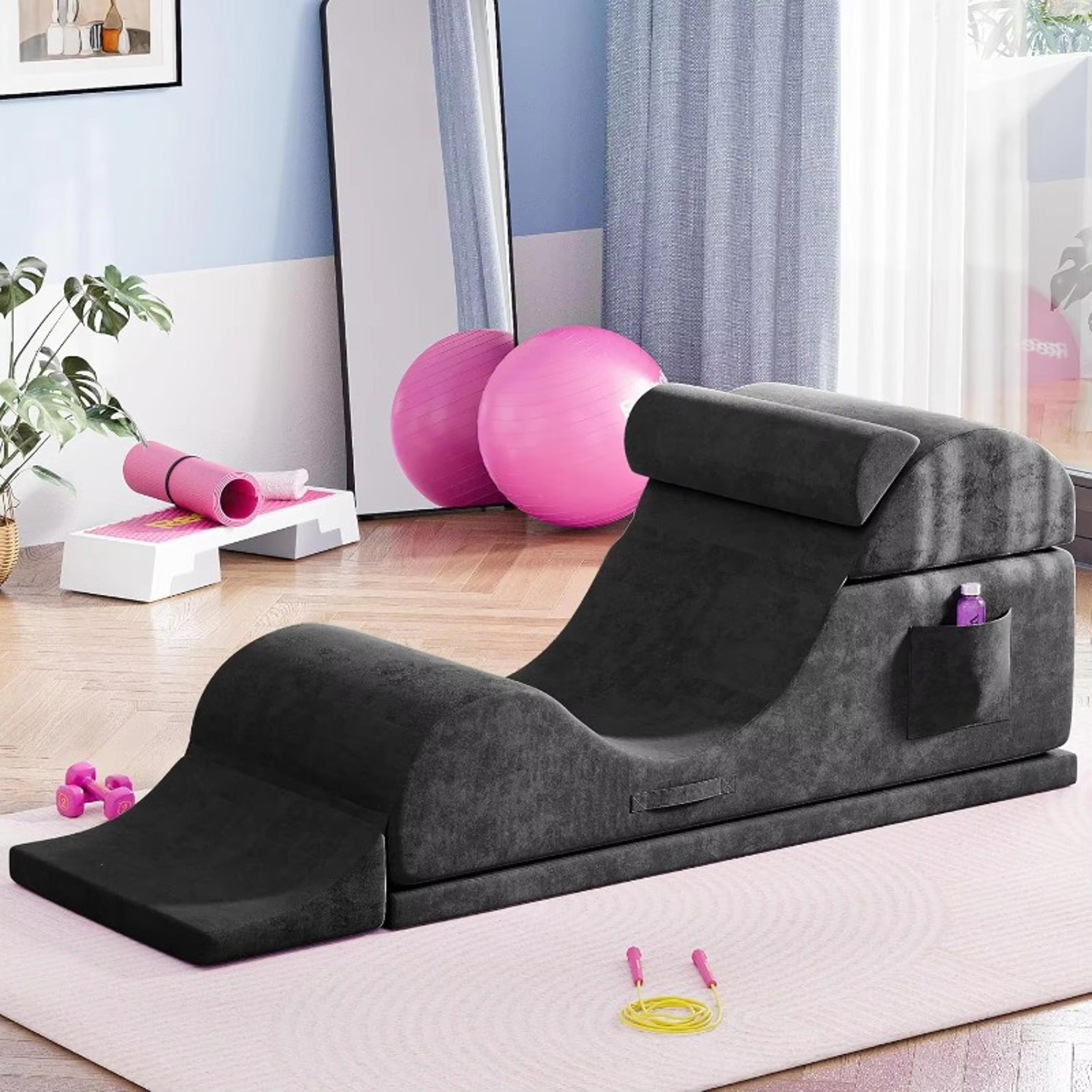 ergonomic adult convertible yoga chair foam lounge, washable cover, waist pillow, side pouch for relaxation