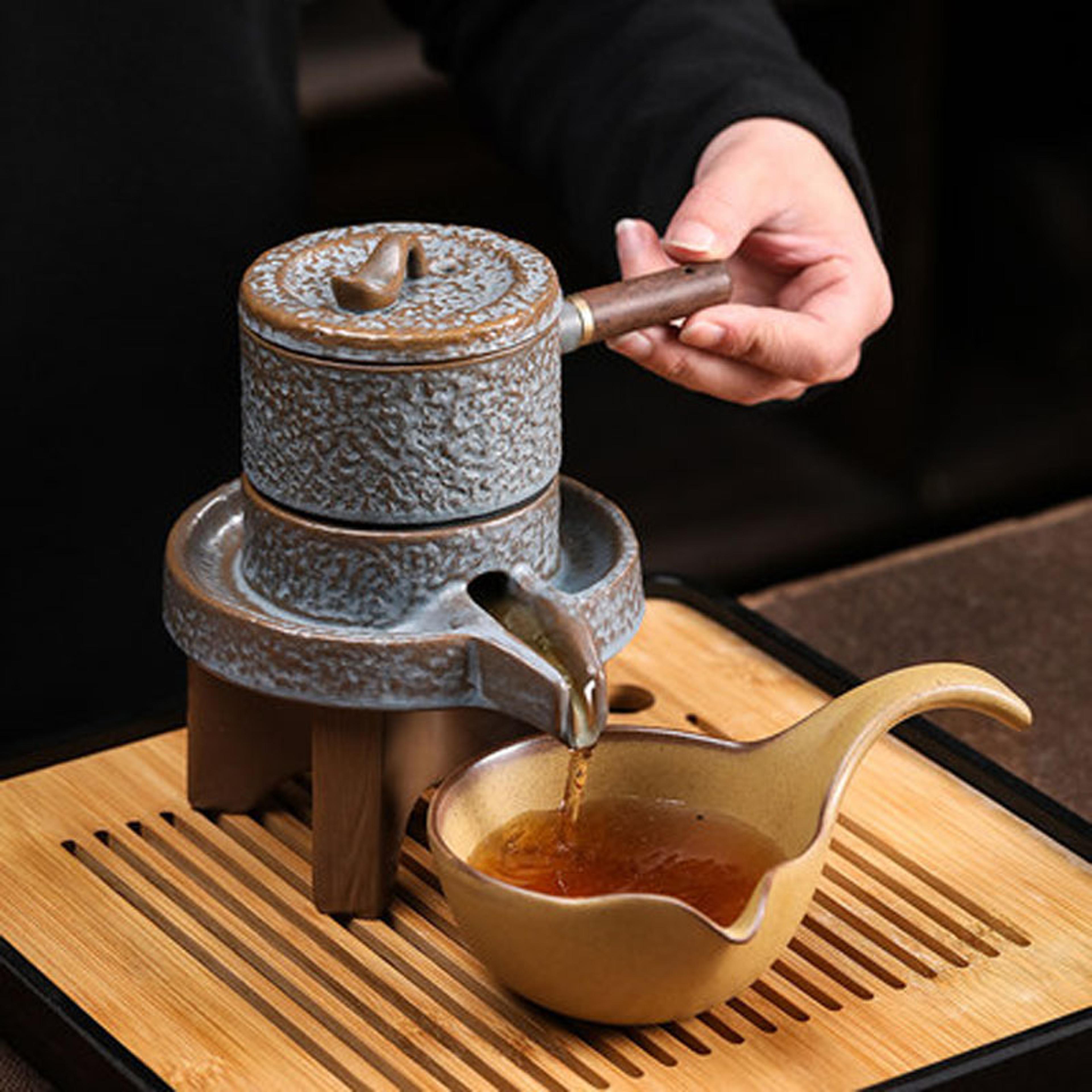 rotating water teapot, automatic stone-mill pottery lazy stone grinding tea set, tea maker for ceremony, home office